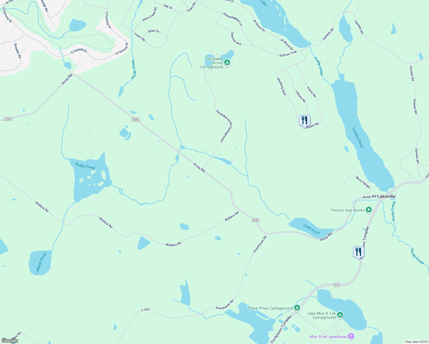 map of restaurants, bars, coffee shops, grocery stores, and more near 865 Avoy Road in Lake Ariel