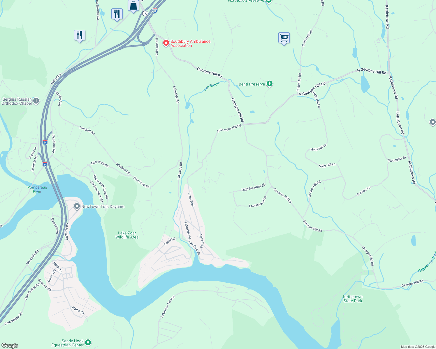 map of restaurants, bars, coffee shops, grocery stores, and more near 313 South Georges Hill Road in Southbury