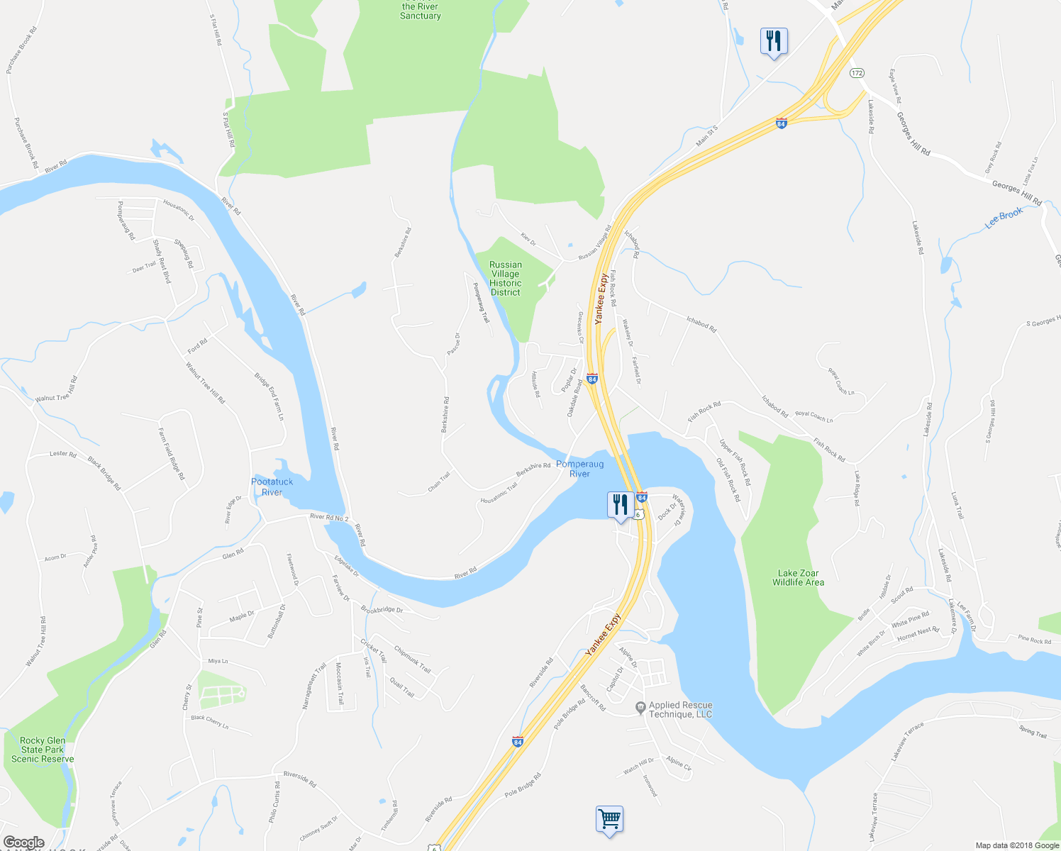map of restaurants, bars, coffee shops, grocery stores, and more near 281 Oakdale Manor Road in Southbury
