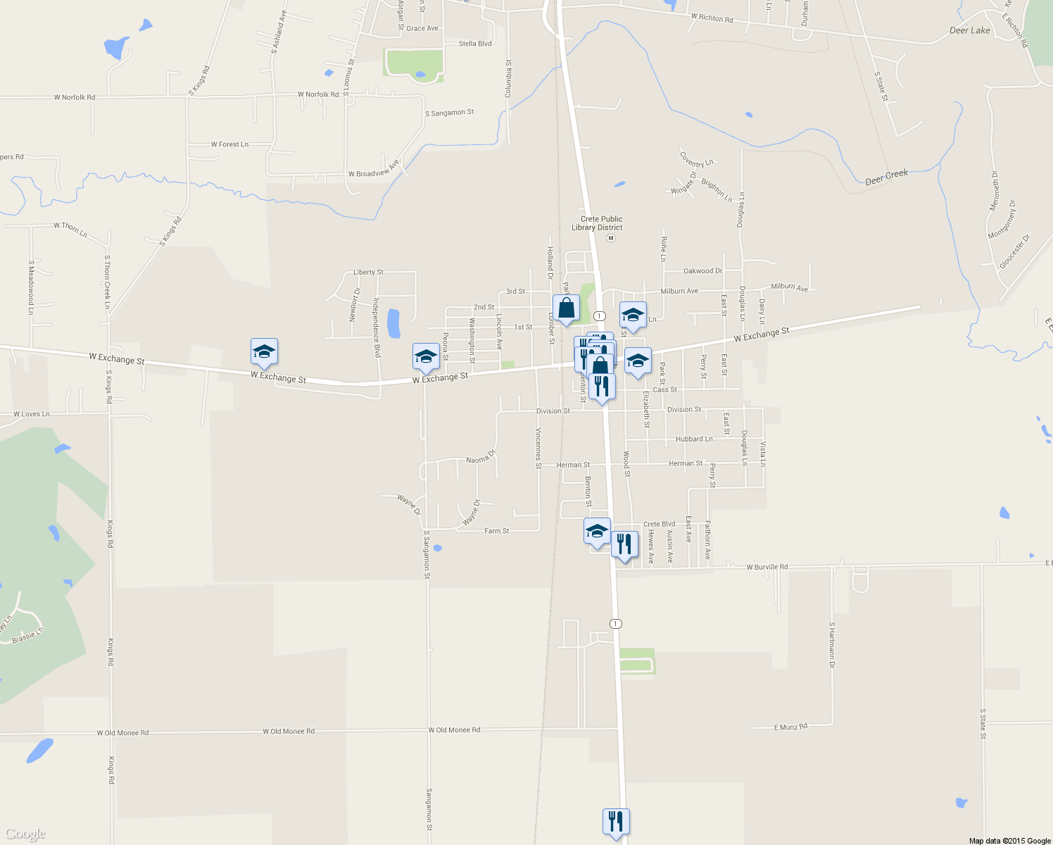 map of restaurants, bars, coffee shops, grocery stores, and more near 594 Division St in Crete