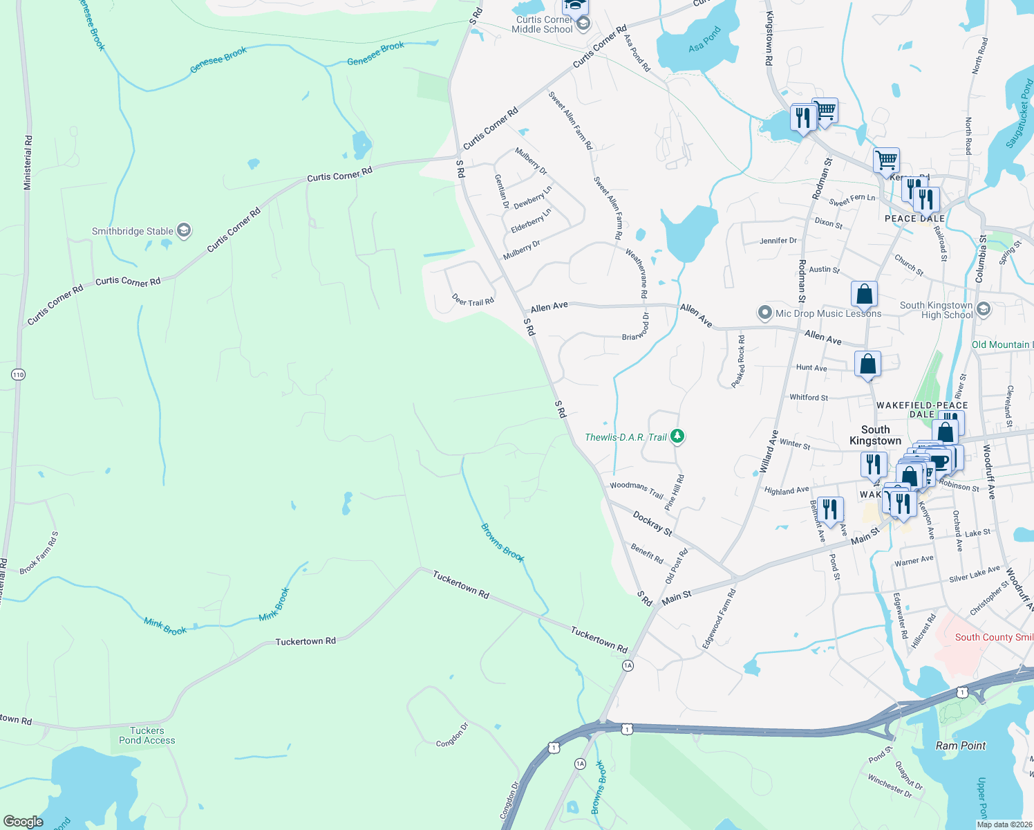 map of restaurants, bars, coffee shops, grocery stores, and more near 362 S Rd in South Kingstown