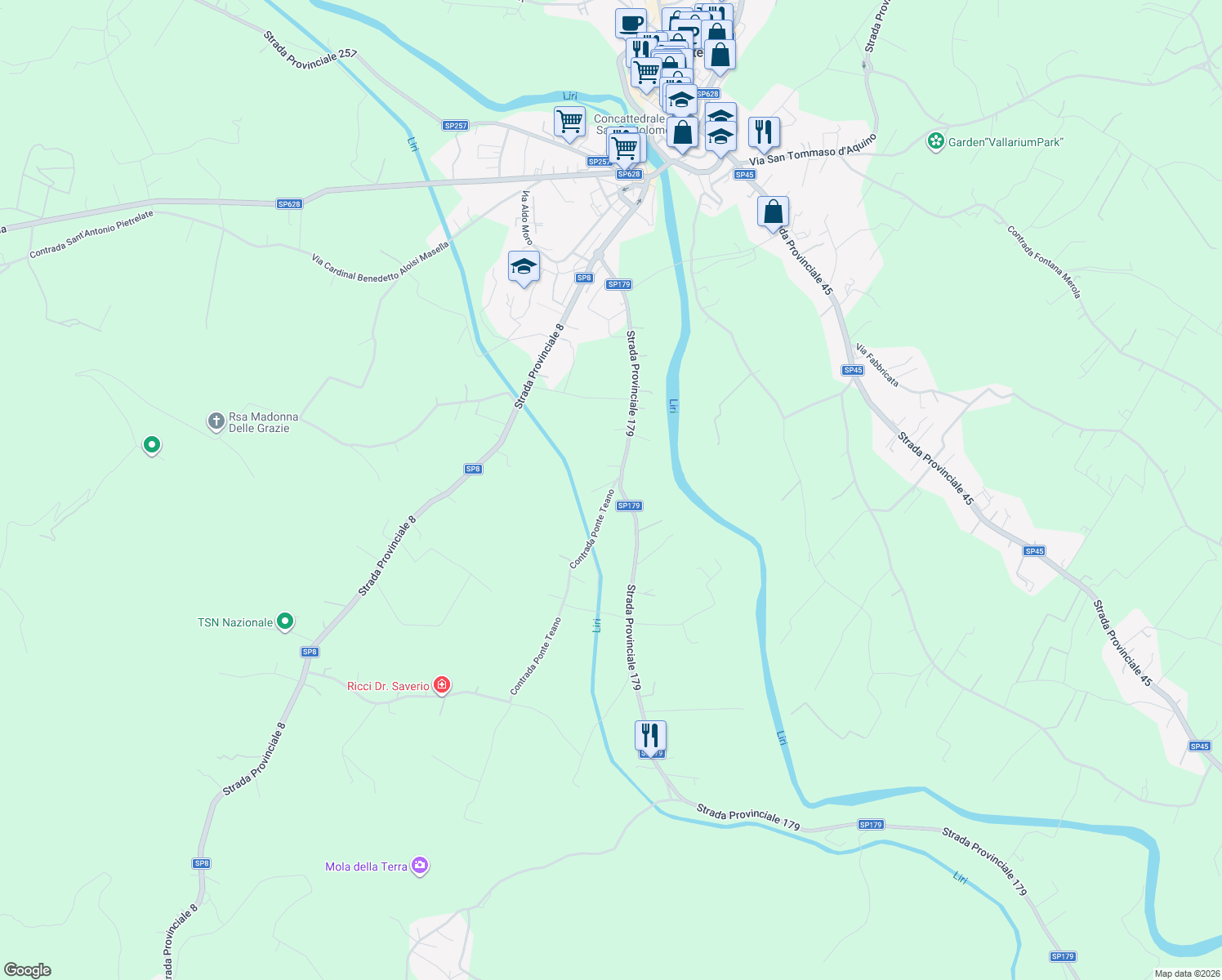 map of restaurants, bars, coffee shops, grocery stores, and more near 52 Contrada Ponte Teano in Provincia di Frosinone