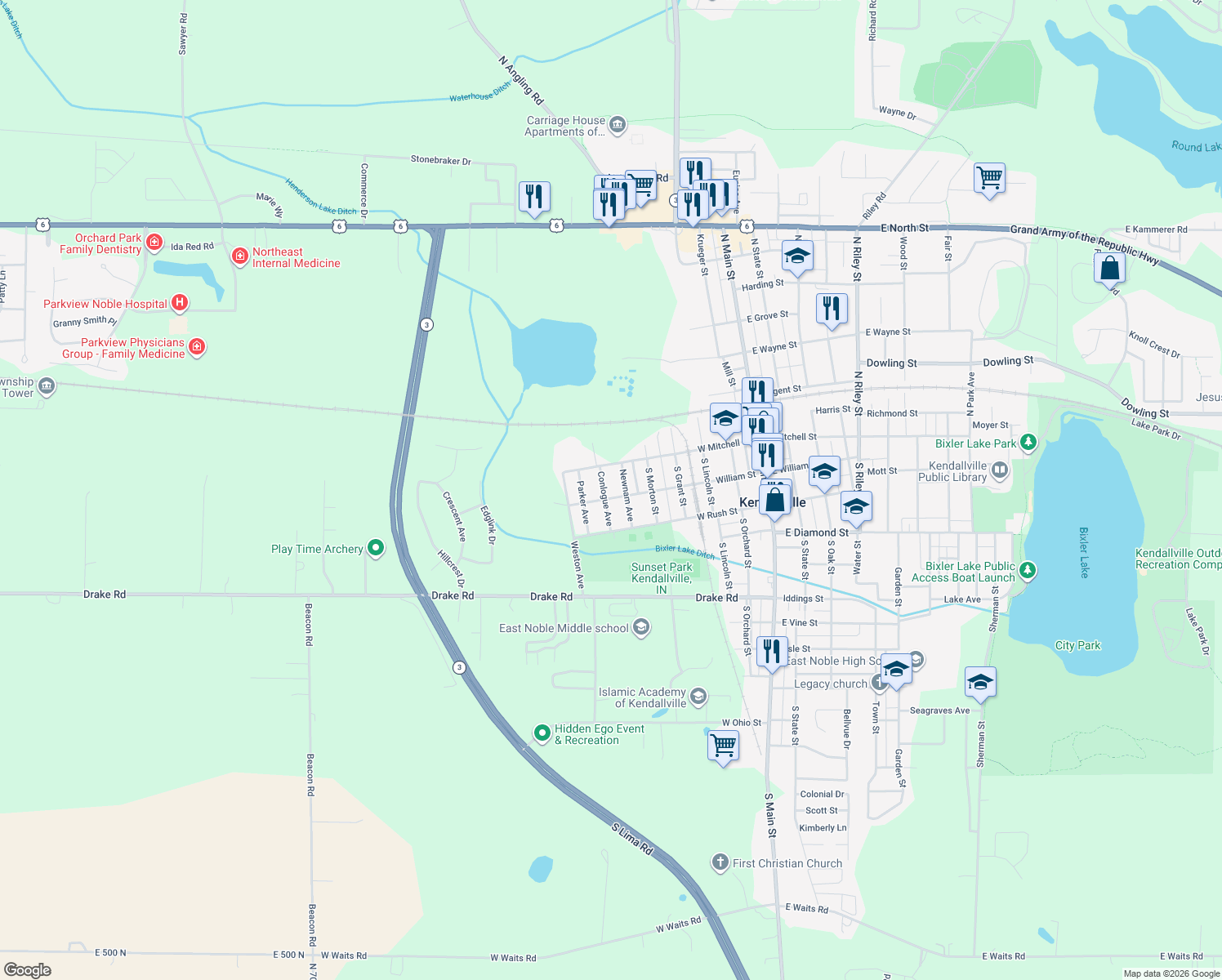 map of restaurants, bars, coffee shops, grocery stores, and more near 618 West Williams Street in Kendallville
