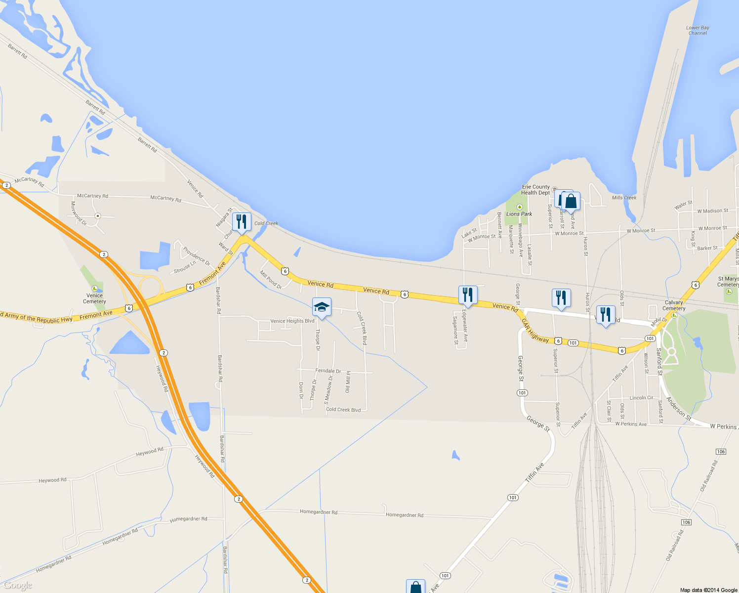 map of restaurants, bars, coffee shops, grocery stores, and more near 4108 Venice Rd in Sandusky