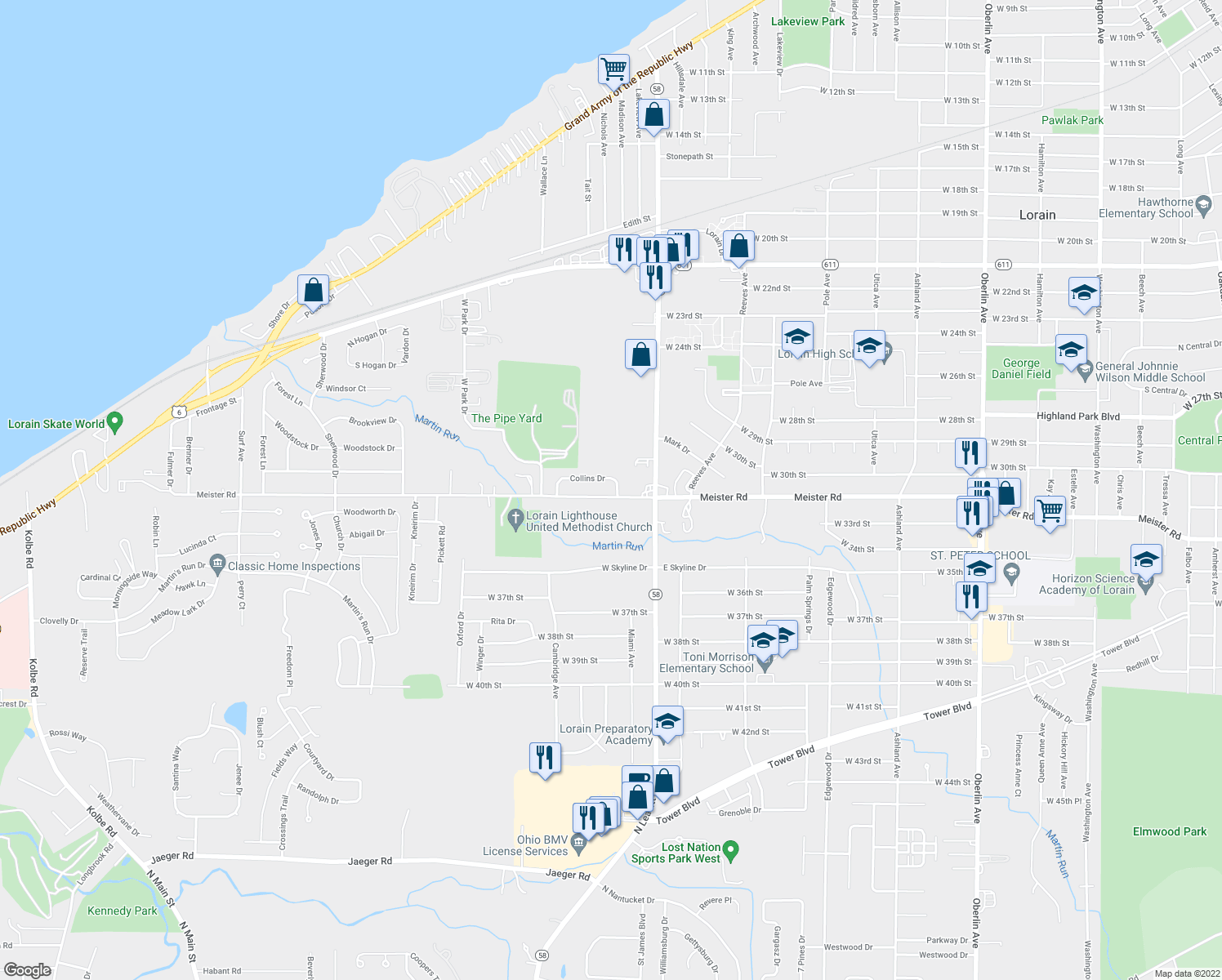 map of restaurants, bars, coffee shops, grocery stores, and more near 2604 Meister Road in Lorain
