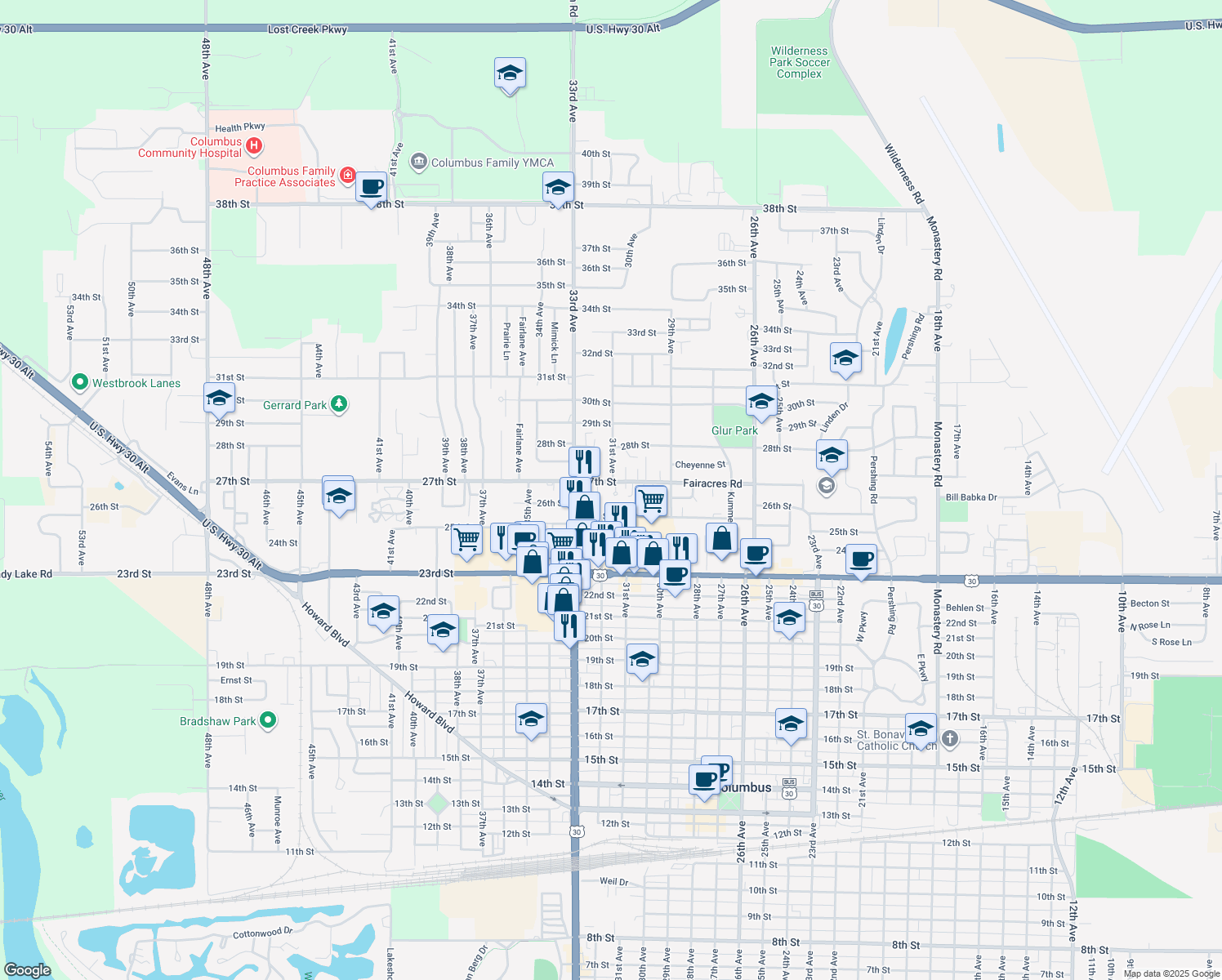 map of restaurants, bars, coffee shops, grocery stores, and more near 2660 Prairie Place in Columbus