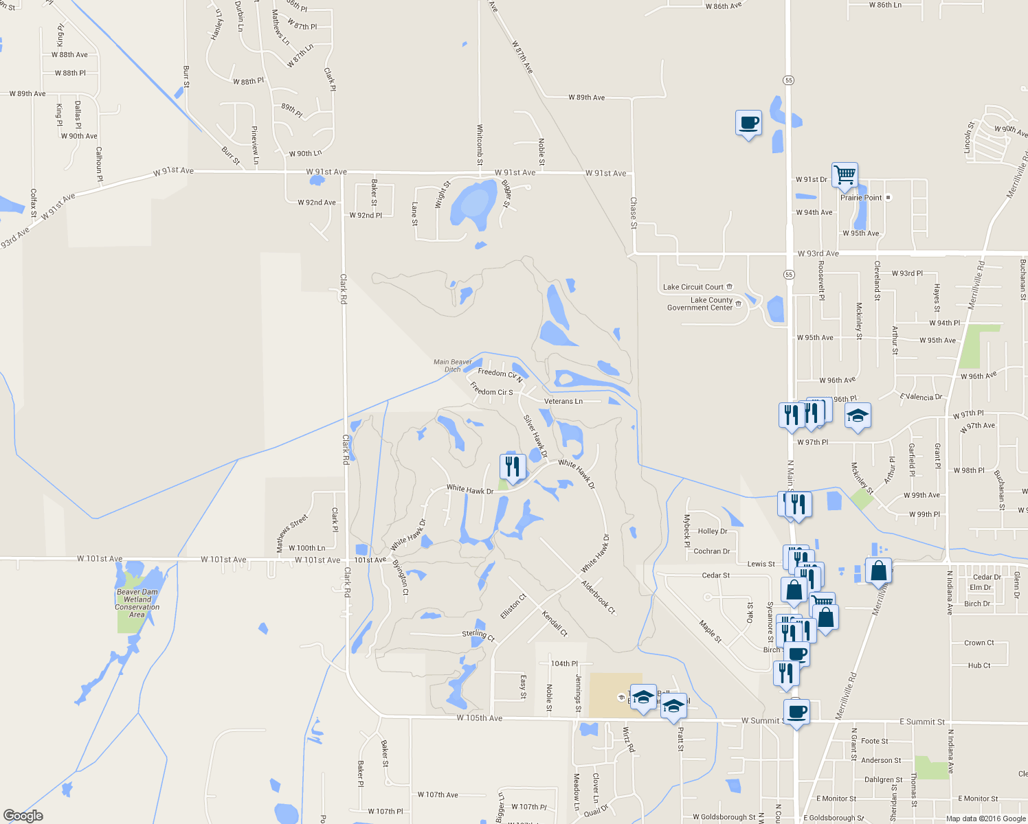 map of restaurants, bars, coffee shops, grocery stores, and more near 1773 Silver Hawk Dr in Crown Point