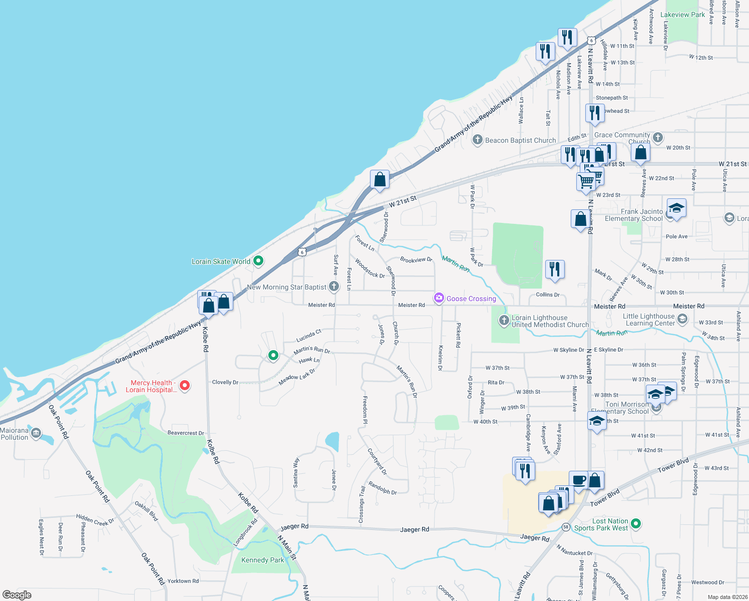 map of restaurants, bars, coffee shops, grocery stores, and more near 4104 Meister Rd in Lorain