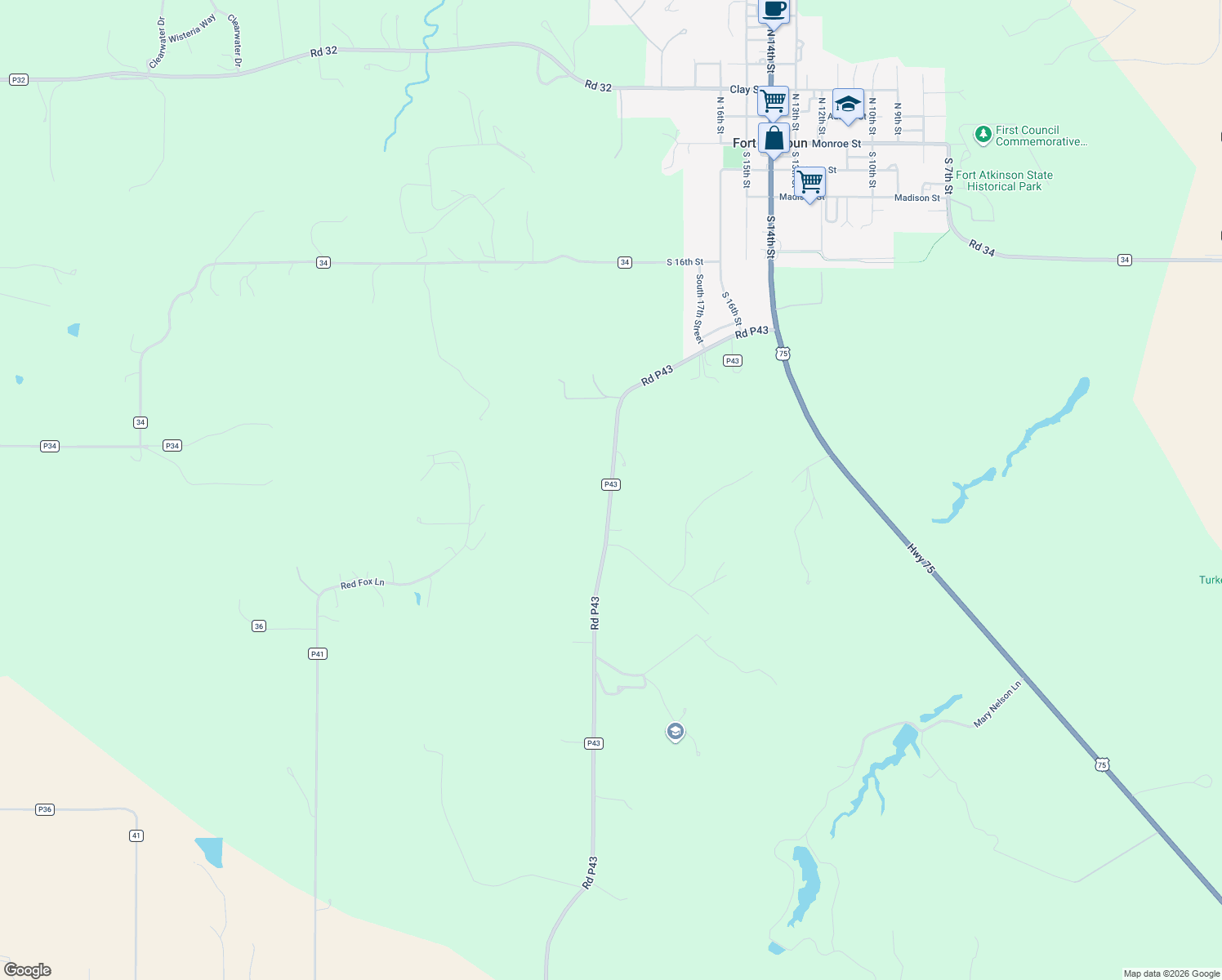 map of restaurants, bars, coffee shops, grocery stores, and more near County Road P43 in Fort Calhoun