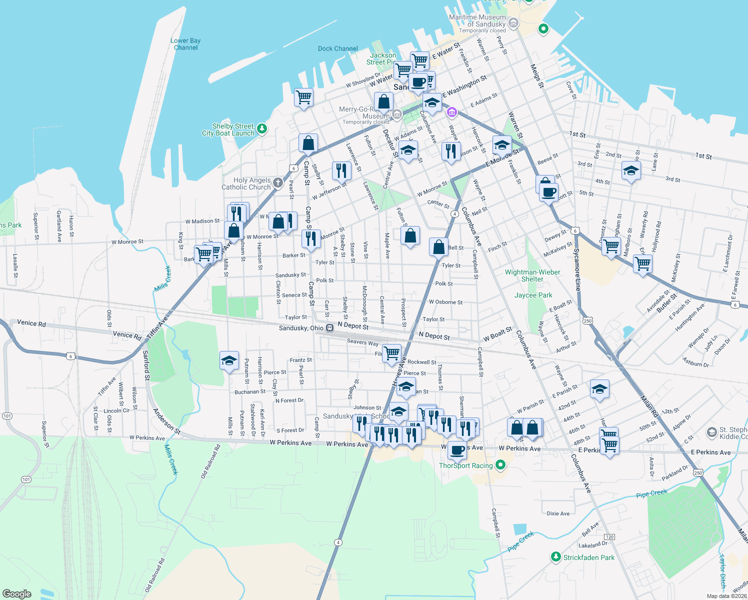 map of restaurants, bars, coffee shops, grocery stores, and more near 920 West Osborne Street in Sandusky
