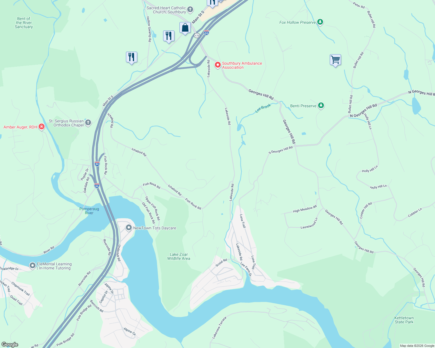 map of restaurants, bars, coffee shops, grocery stores, and more near 140 Royal Coach Lane in Southbury