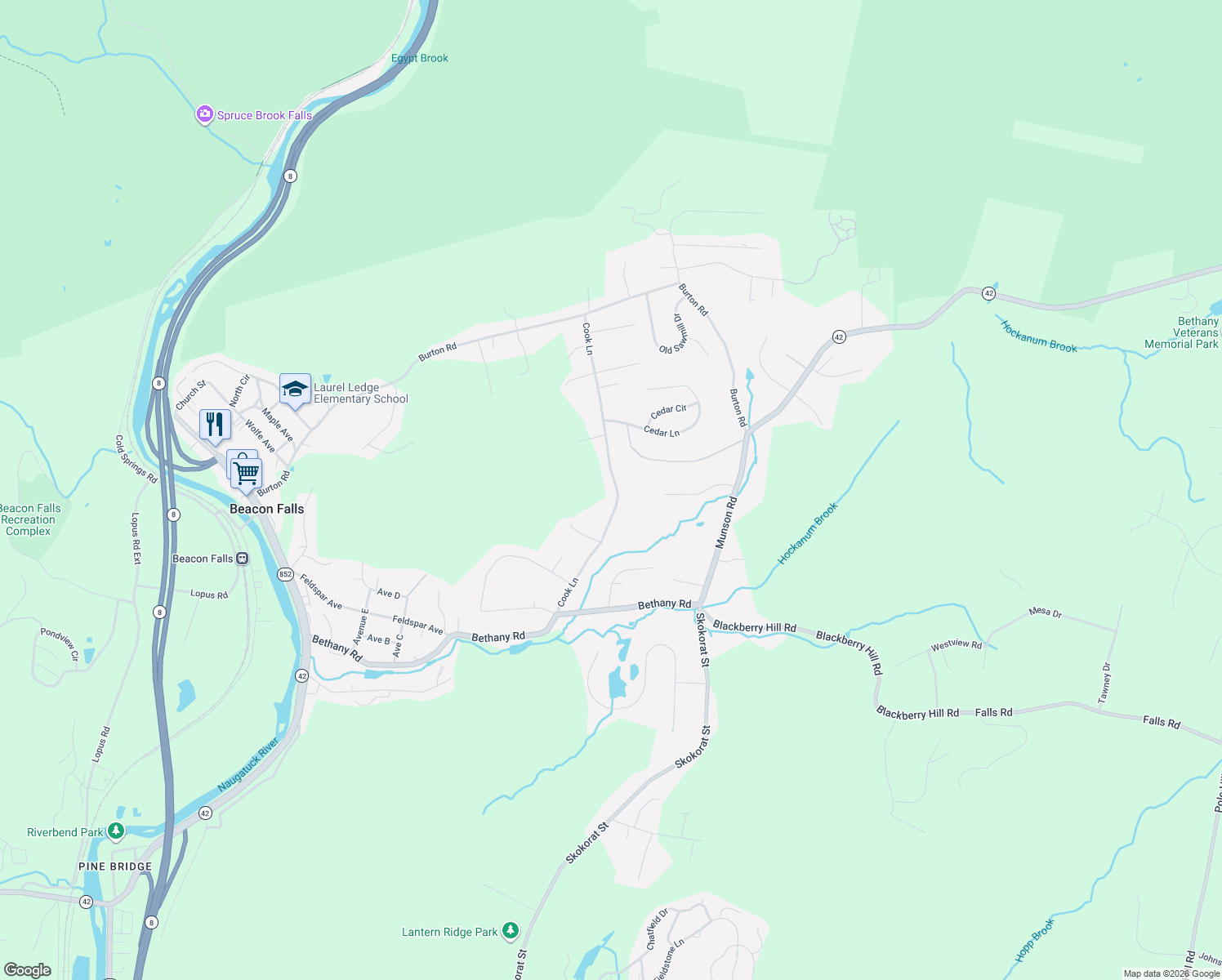 map of restaurants, bars, coffee shops, grocery stores, and more near 132 Cook Lane in Beacon Falls