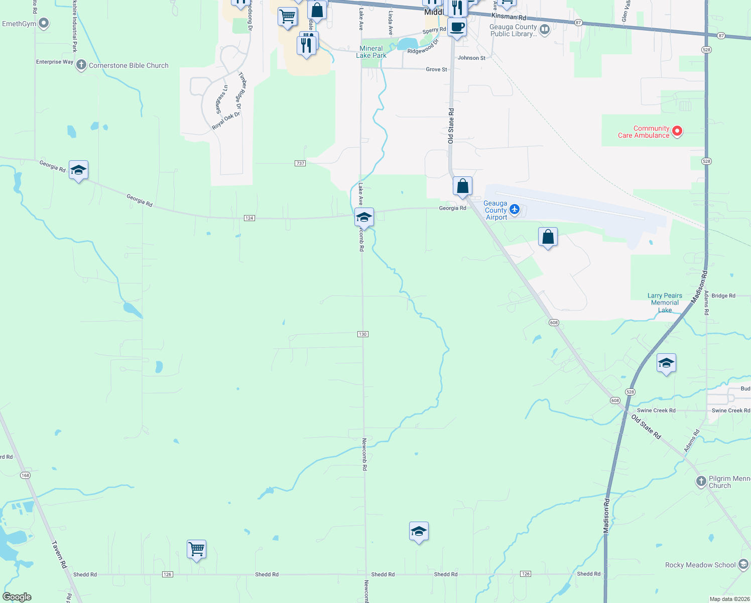map of restaurants, bars, coffee shops, grocery stores, and more near 15655 Newcomb Road in Middlefield