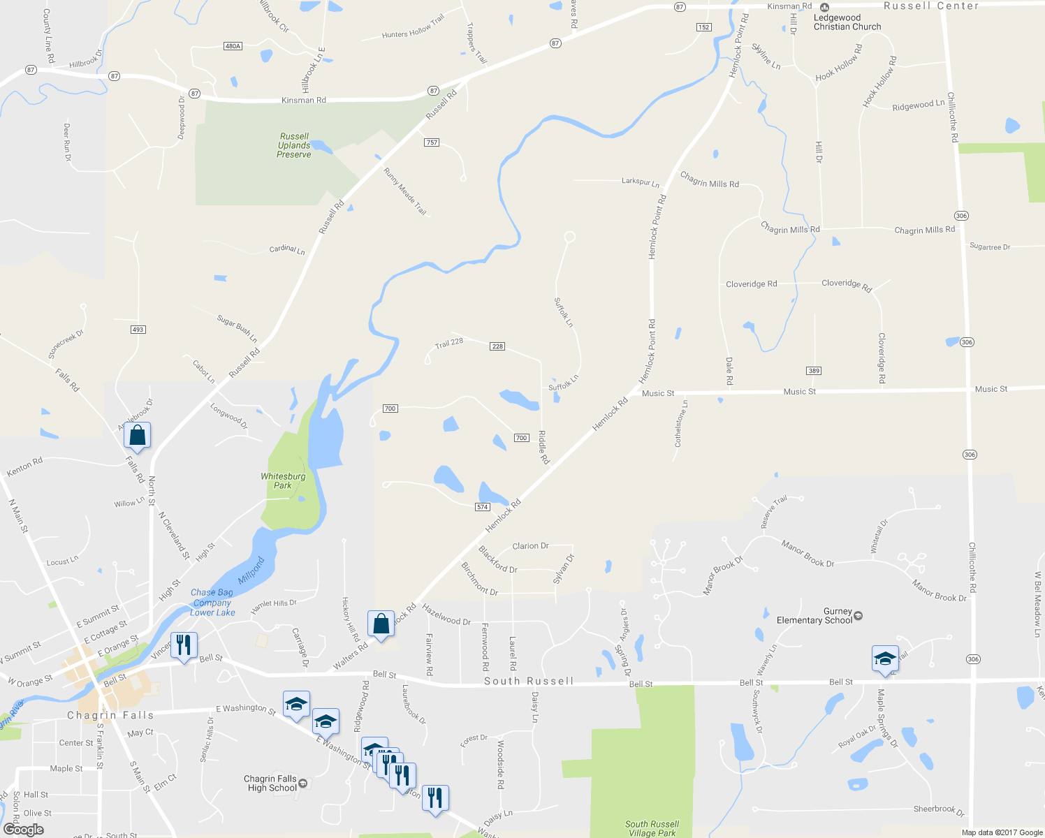 map of restaurants, bars, coffee shops, grocery stores, and more near 7710 Water Fall Trail in Chagrin Falls