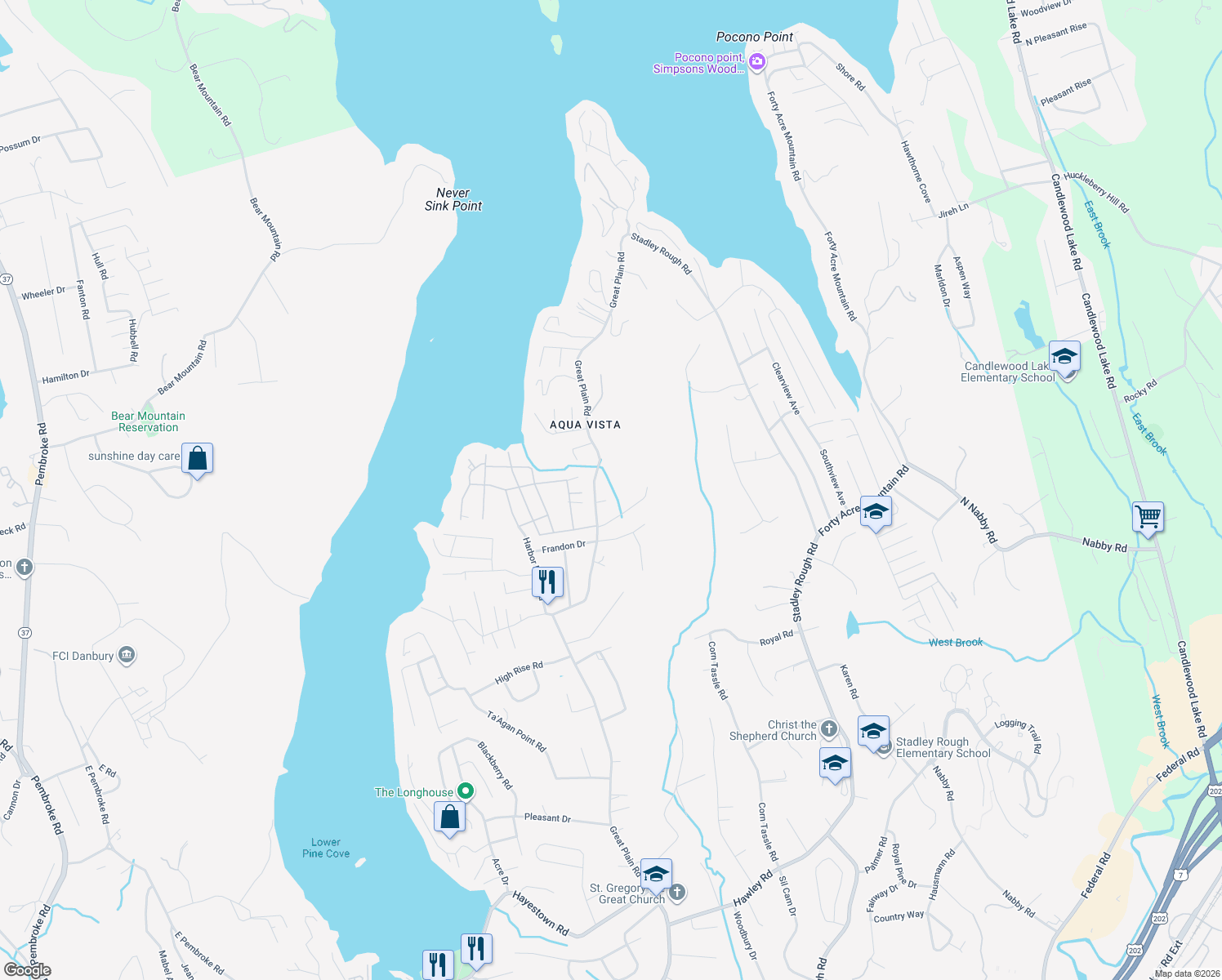 map of restaurants, bars, coffee shops, grocery stores, and more near 189 Great Plain Rd in Danbury
