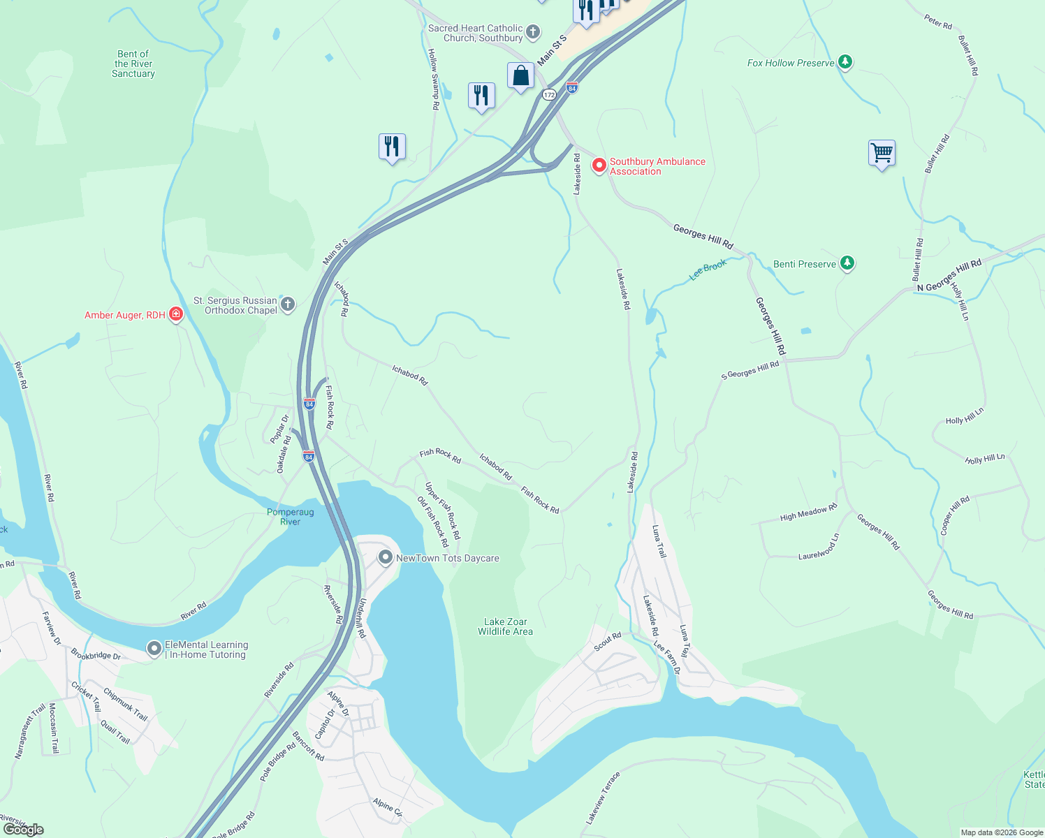 map of restaurants, bars, coffee shops, grocery stores, and more near 261 Royal Coach Lane in Southbury