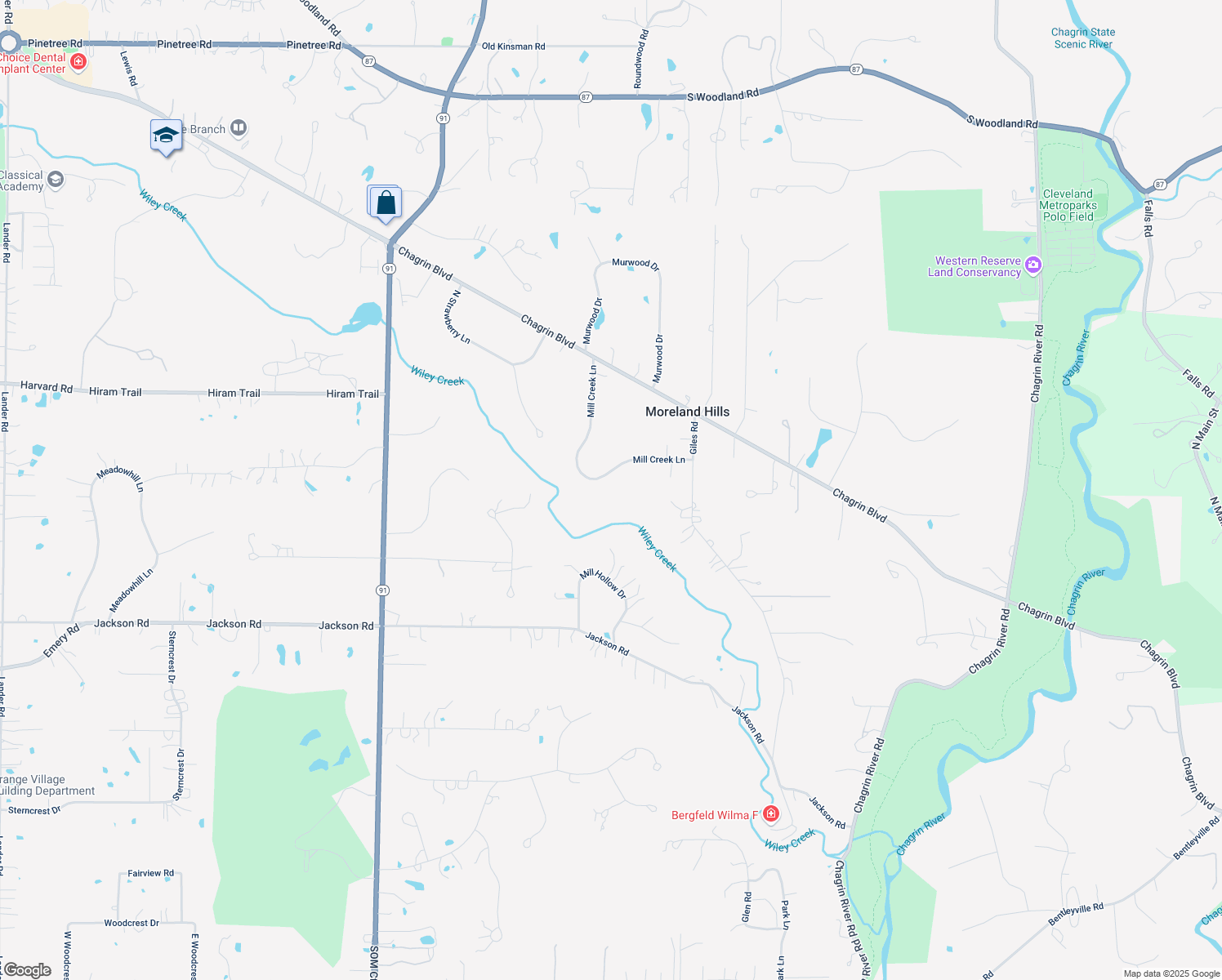 map of restaurants, bars, coffee shops, grocery stores, and more near 130 Mill Creek Lane in Moreland Hills