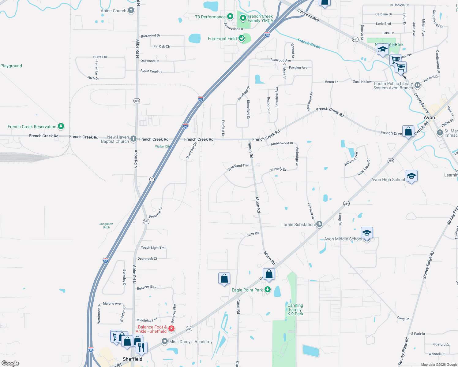map of restaurants, bars, coffee shops, grocery stores, and more near 3093 Wheaton Drive in Avon