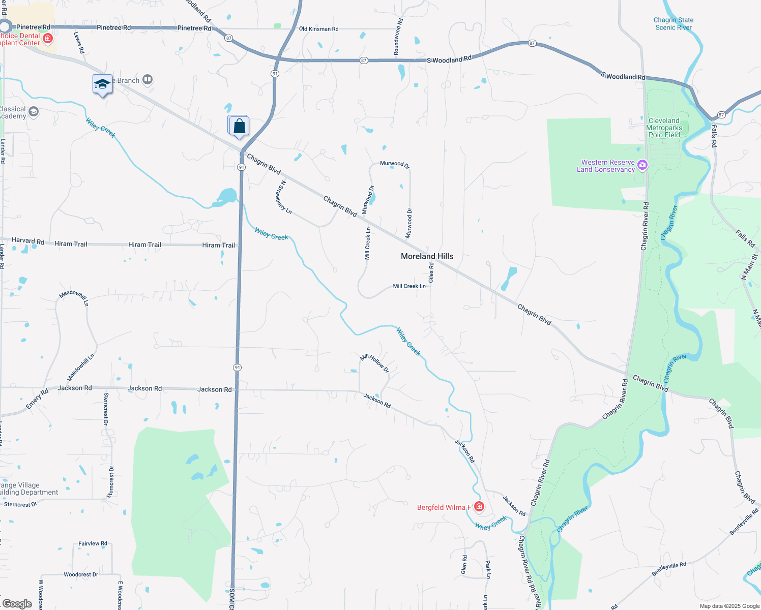 map of restaurants, bars, coffee shops, grocery stores, and more near 130 Mill Creek Lane in Moreland Hills