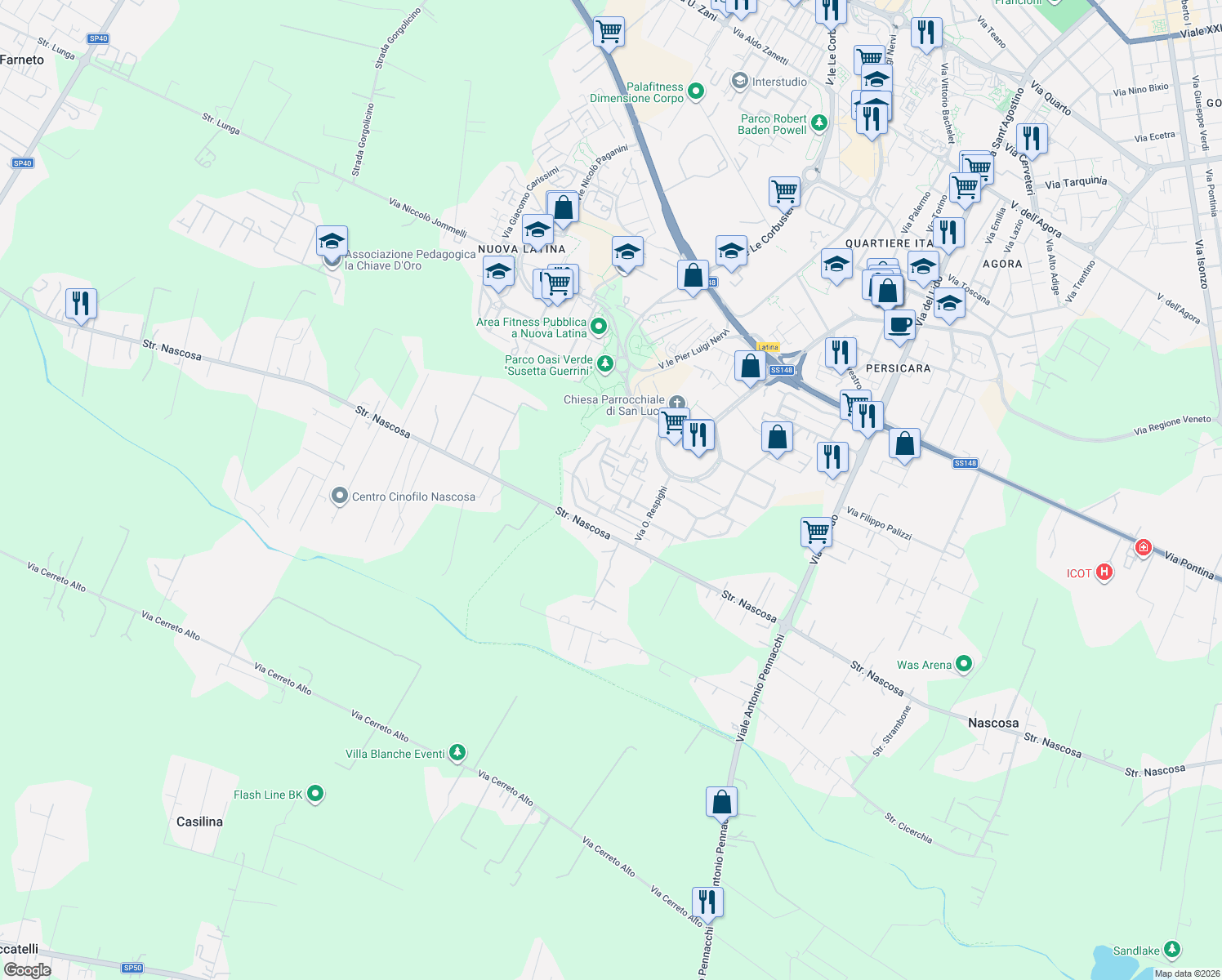 map of restaurants, bars, coffee shops, grocery stores, and more near 20 Via Gerolamo Frescobaldi in Latina