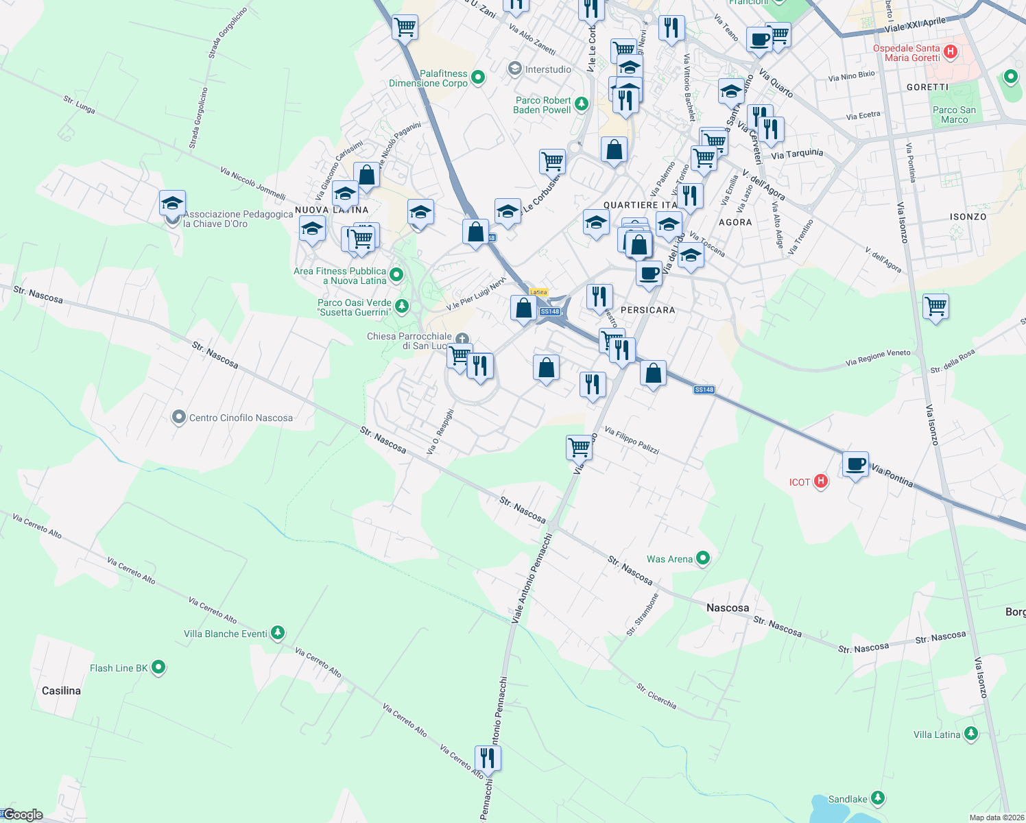map of restaurants, bars, coffee shops, grocery stores, and more near 4 Via G. F. Malipiero in Latina