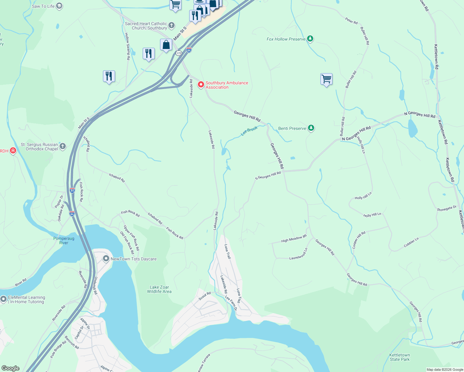 map of restaurants, bars, coffee shops, grocery stores, and more near 150 South Georges Hill Road in Southbury