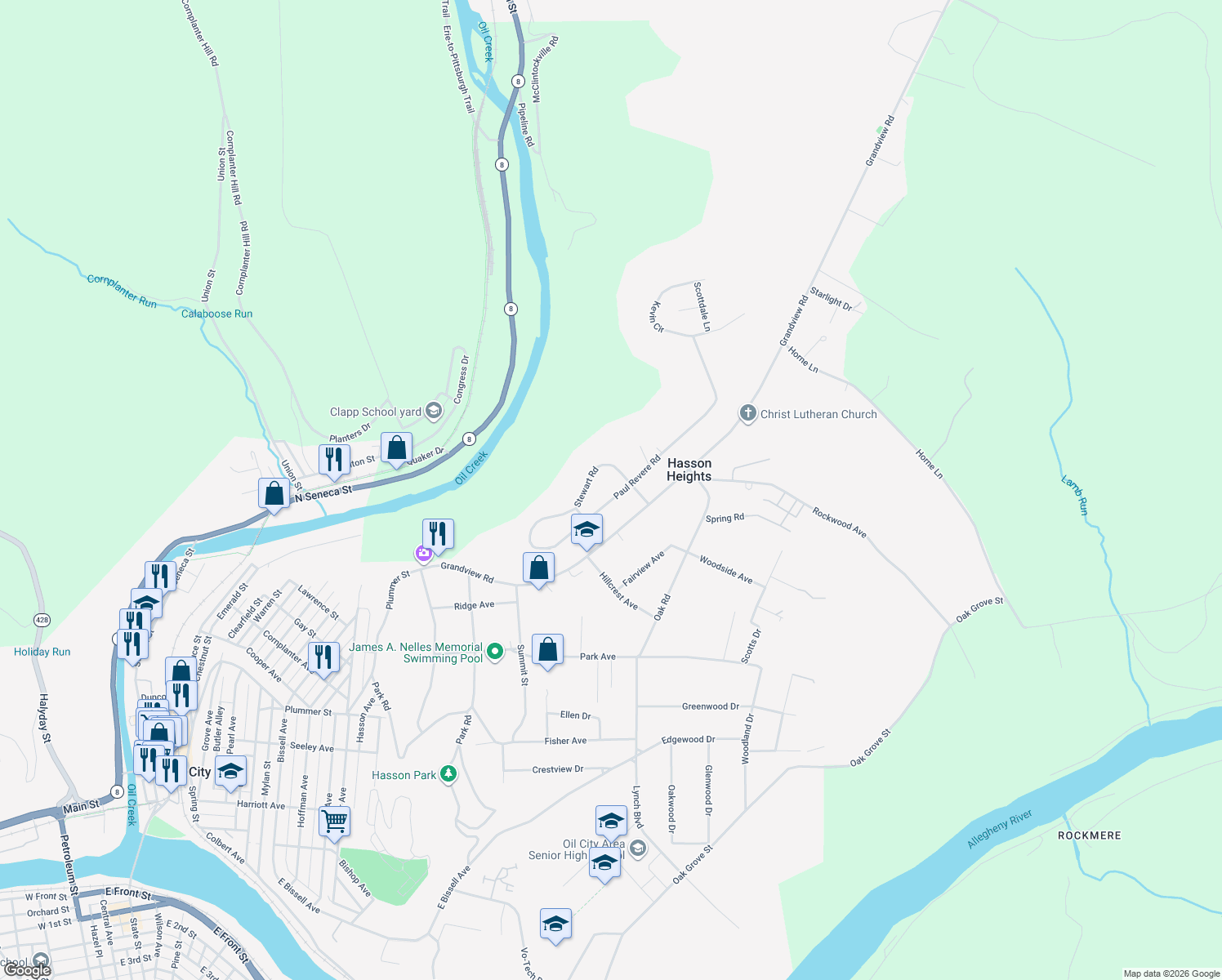 map of restaurants, bars, coffee shops, grocery stores, and more near 29 Paul Revere Road in Oil City