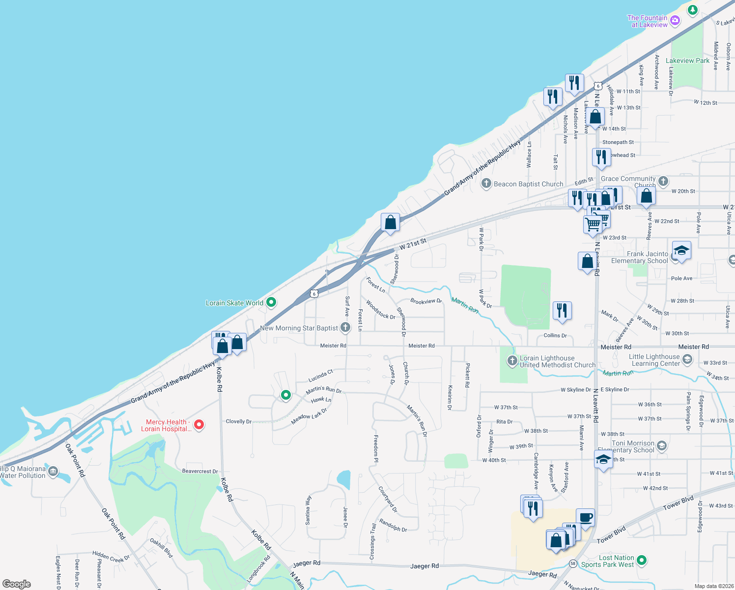 map of restaurants, bars, coffee shops, grocery stores, and more near 4256 Woodstock Dr in Lorain