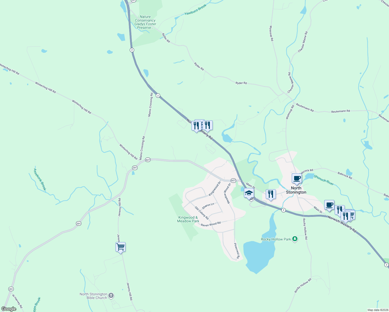 map of restaurants, bars, coffee shops, grocery stores, and more near 5 Holly Lane in North Stonington