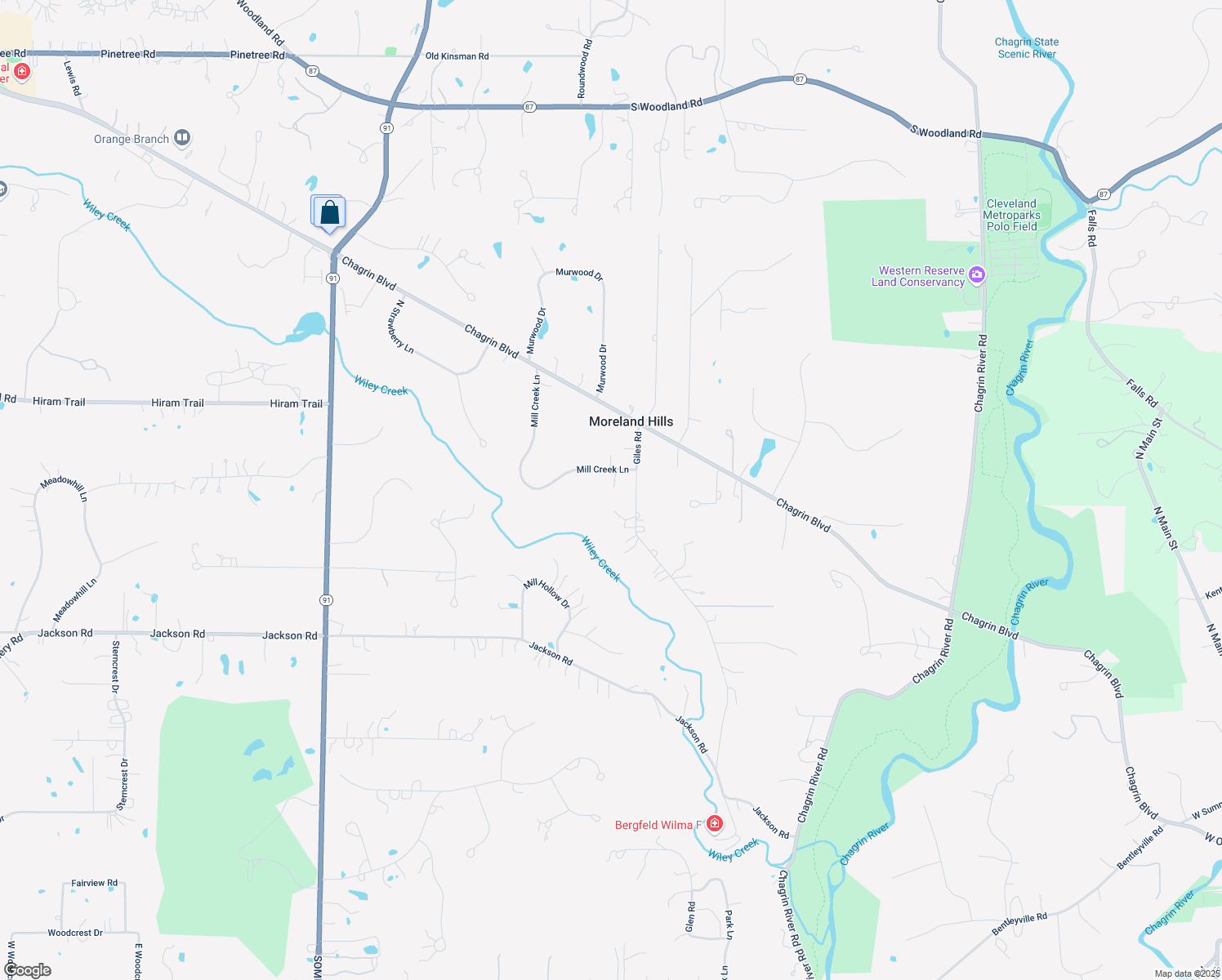 map of restaurants, bars, coffee shops, grocery stores, and more near 180 Mill Creek Lane in Moreland Hills