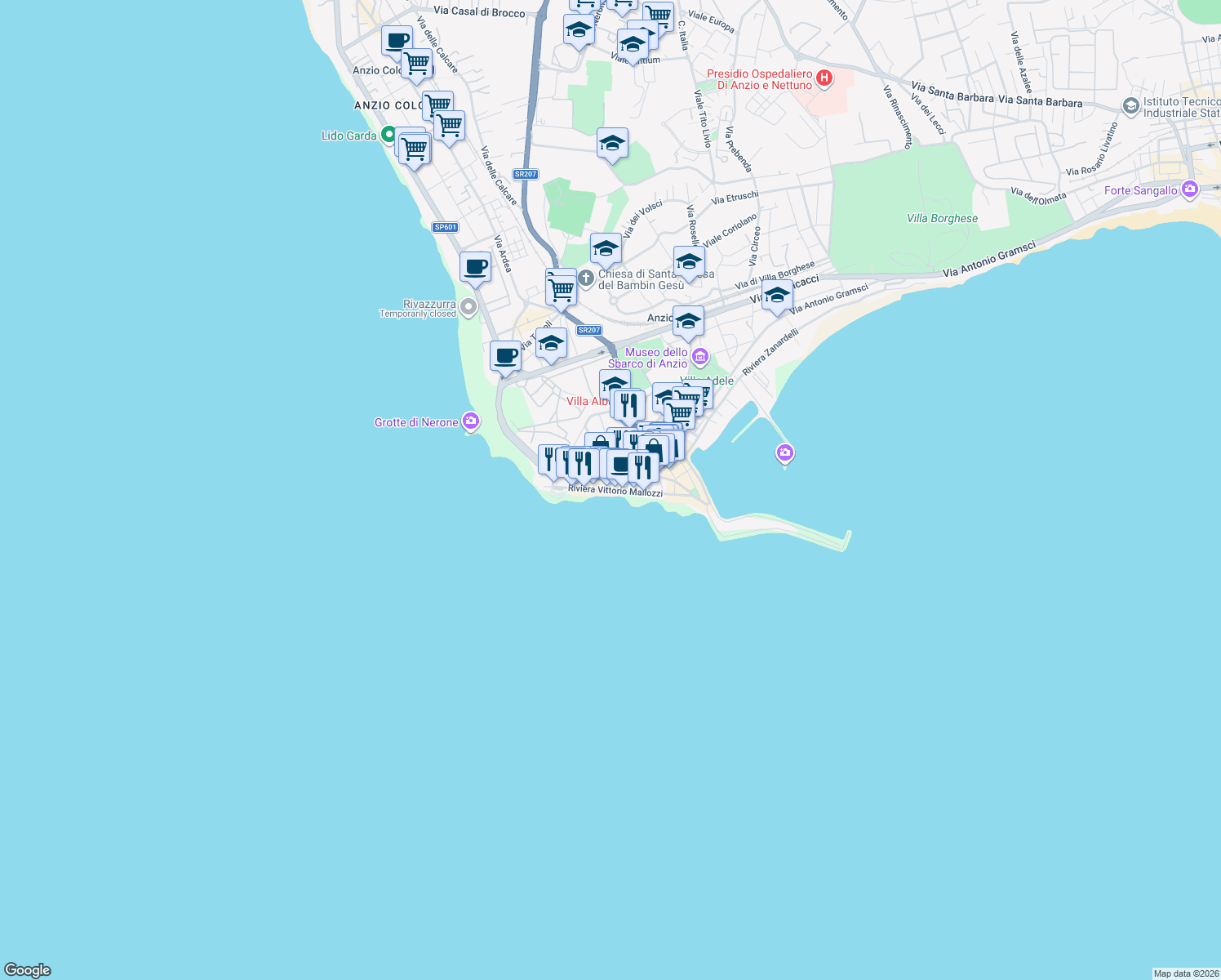 map of restaurants, bars, coffee shops, grocery stores, and more near 16 Riviera Vittorio Mallozzi in Anzio