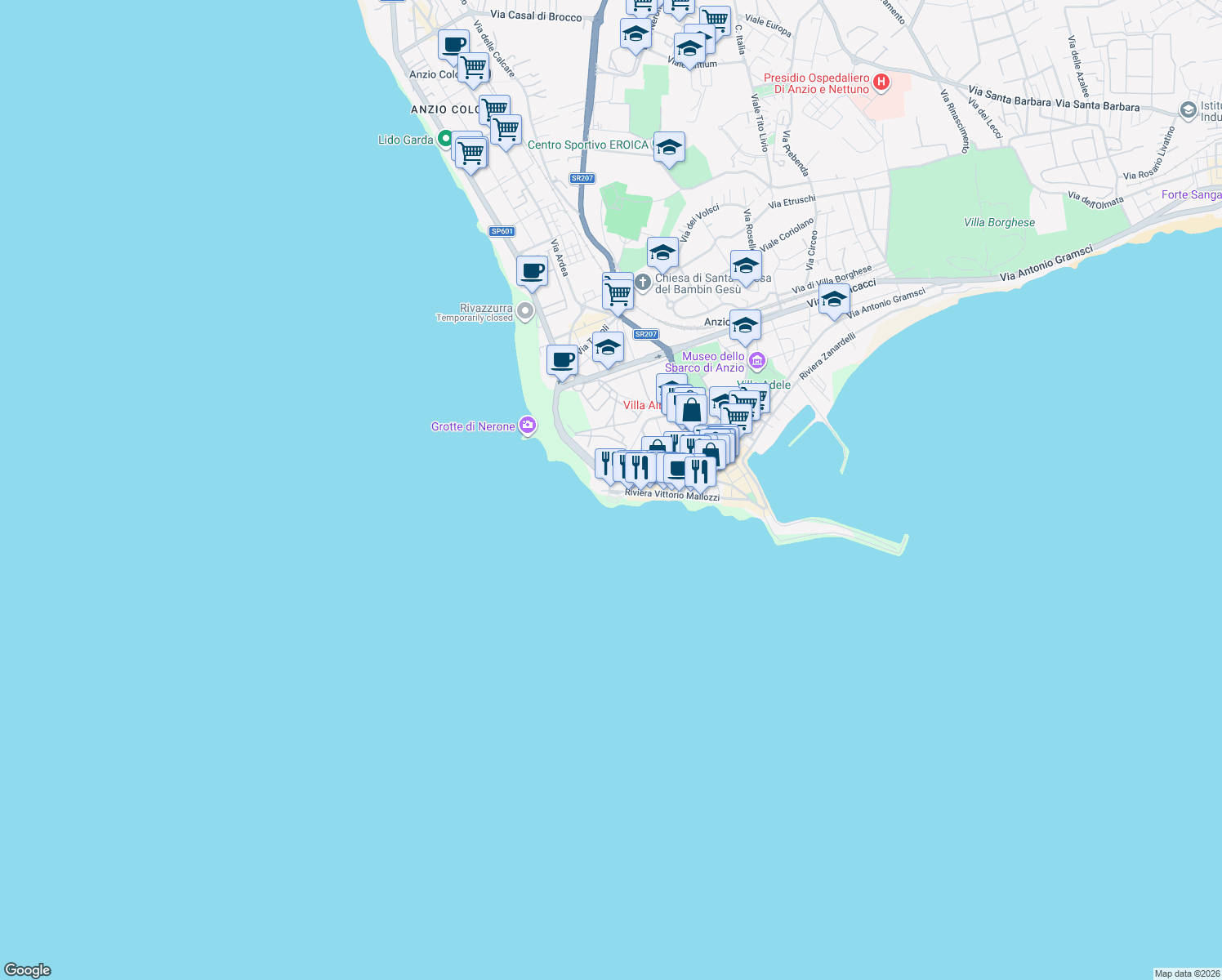 map of restaurants, bars, coffee shops, grocery stores, and more near 2 Via Furio Anziate in Anzio
