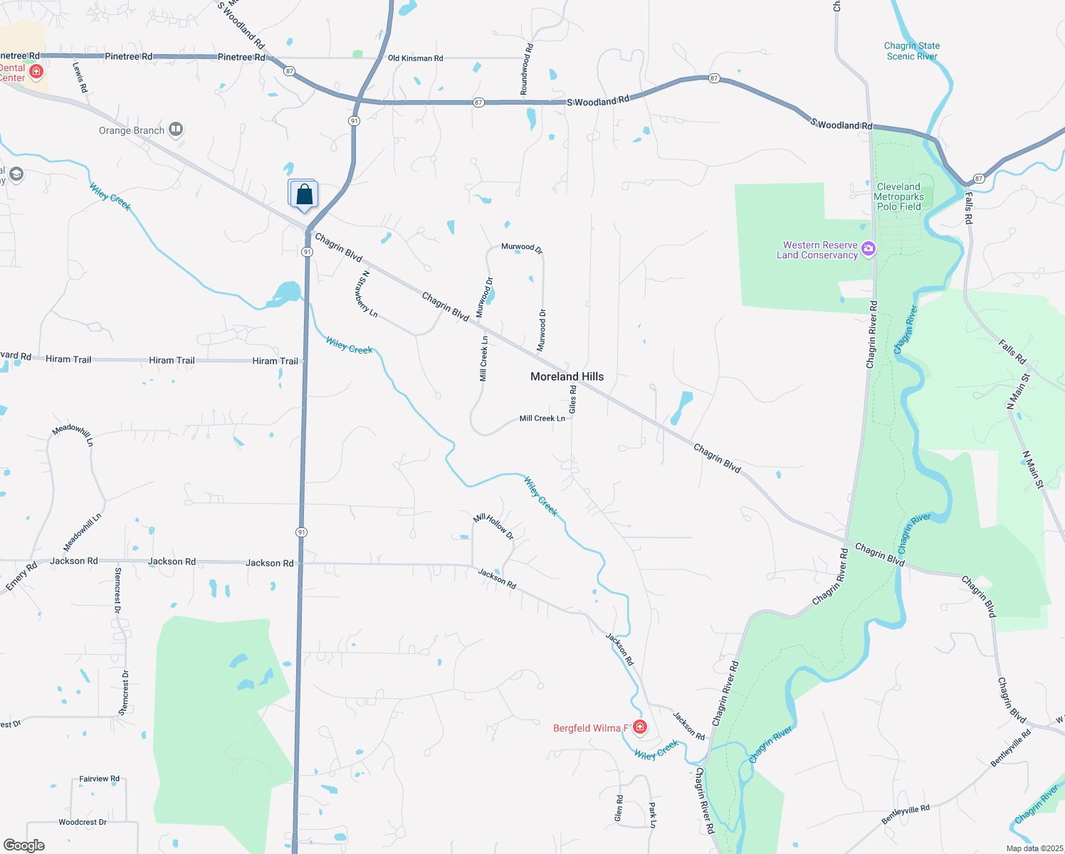 map of restaurants, bars, coffee shops, grocery stores, and more near 180 Mill Creek Lane in Moreland Hills