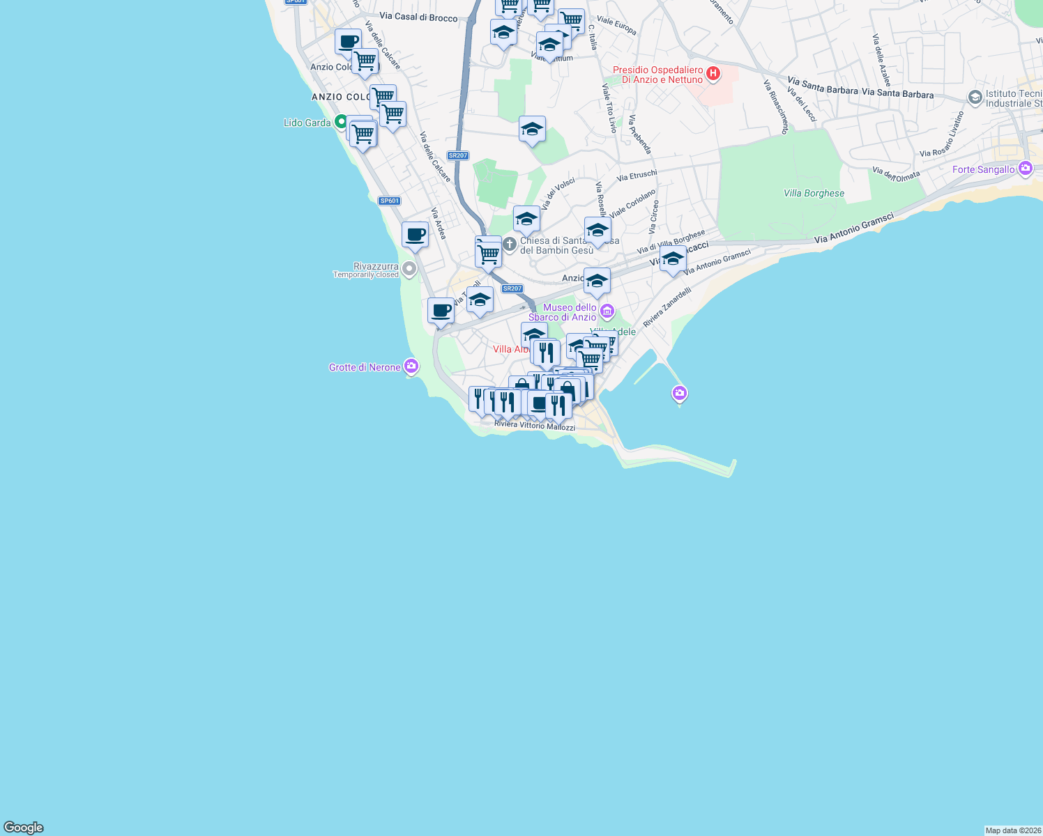 map of restaurants, bars, coffee shops, grocery stores, and more near 10 Via del Faro in Anzio