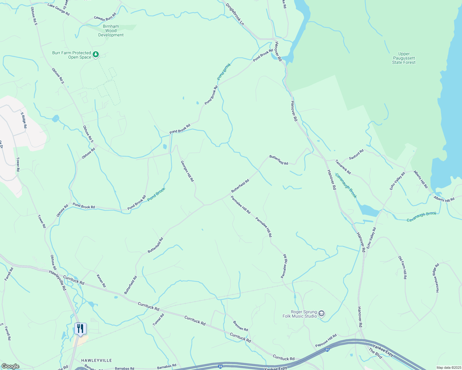 map of restaurants, bars, coffee shops, grocery stores, and more near 45 Butterfield Road in Newtown
