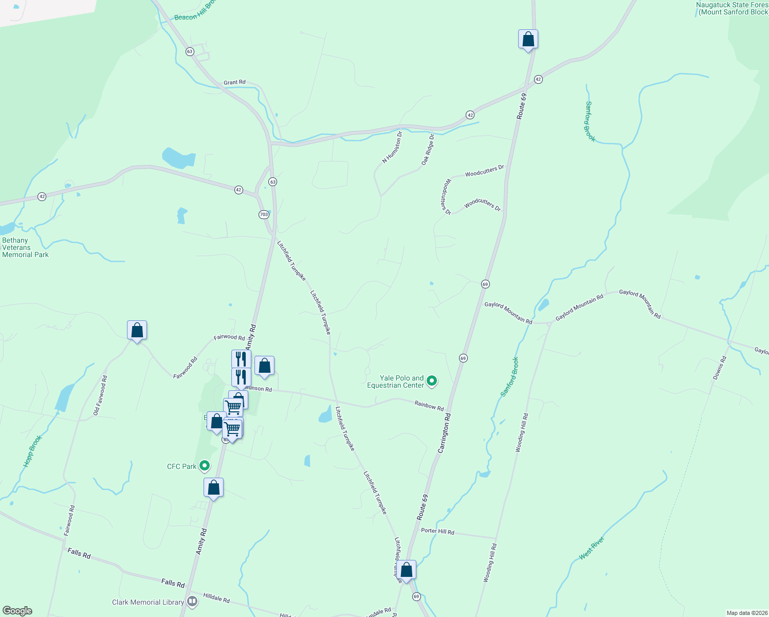 map of restaurants, bars, coffee shops, grocery stores, and more near 125 Humiston Drive in Bethany