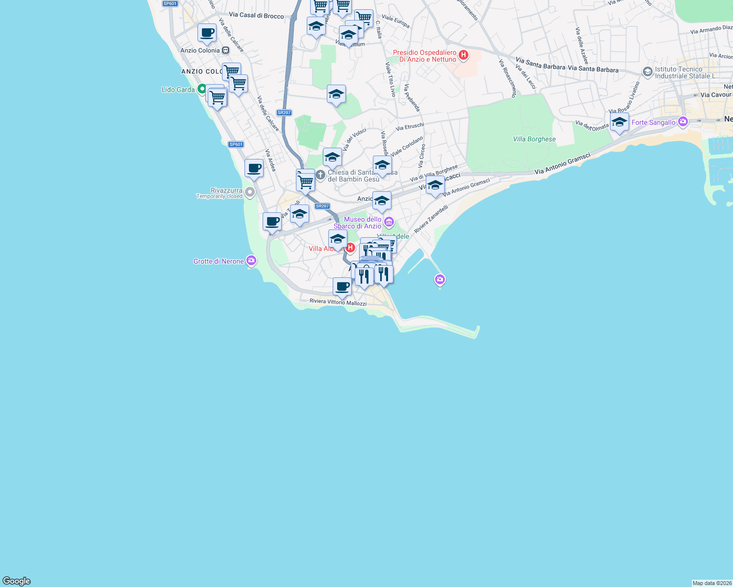 map of restaurants, bars, coffee shops, grocery stores, and more near 21 Via 20 Settembre in Anzio