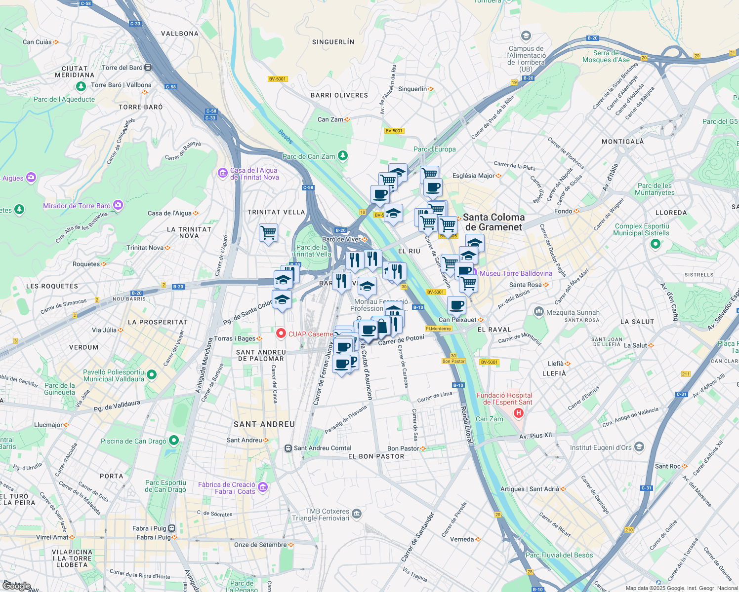 map of restaurants, bars, coffee shops, grocery stores, and more near 8 Carrer de Quito in Barcelona