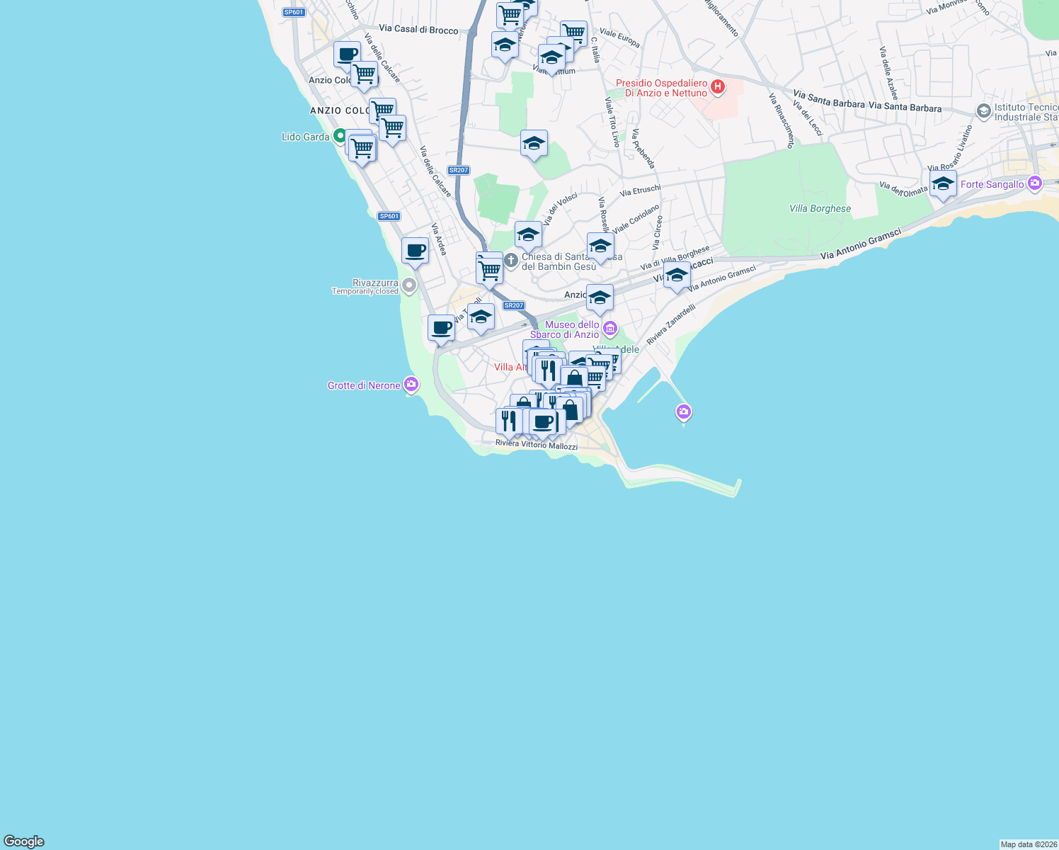 map of restaurants, bars, coffee shops, grocery stores, and more near 2A Via del Risorgimento in Anzio