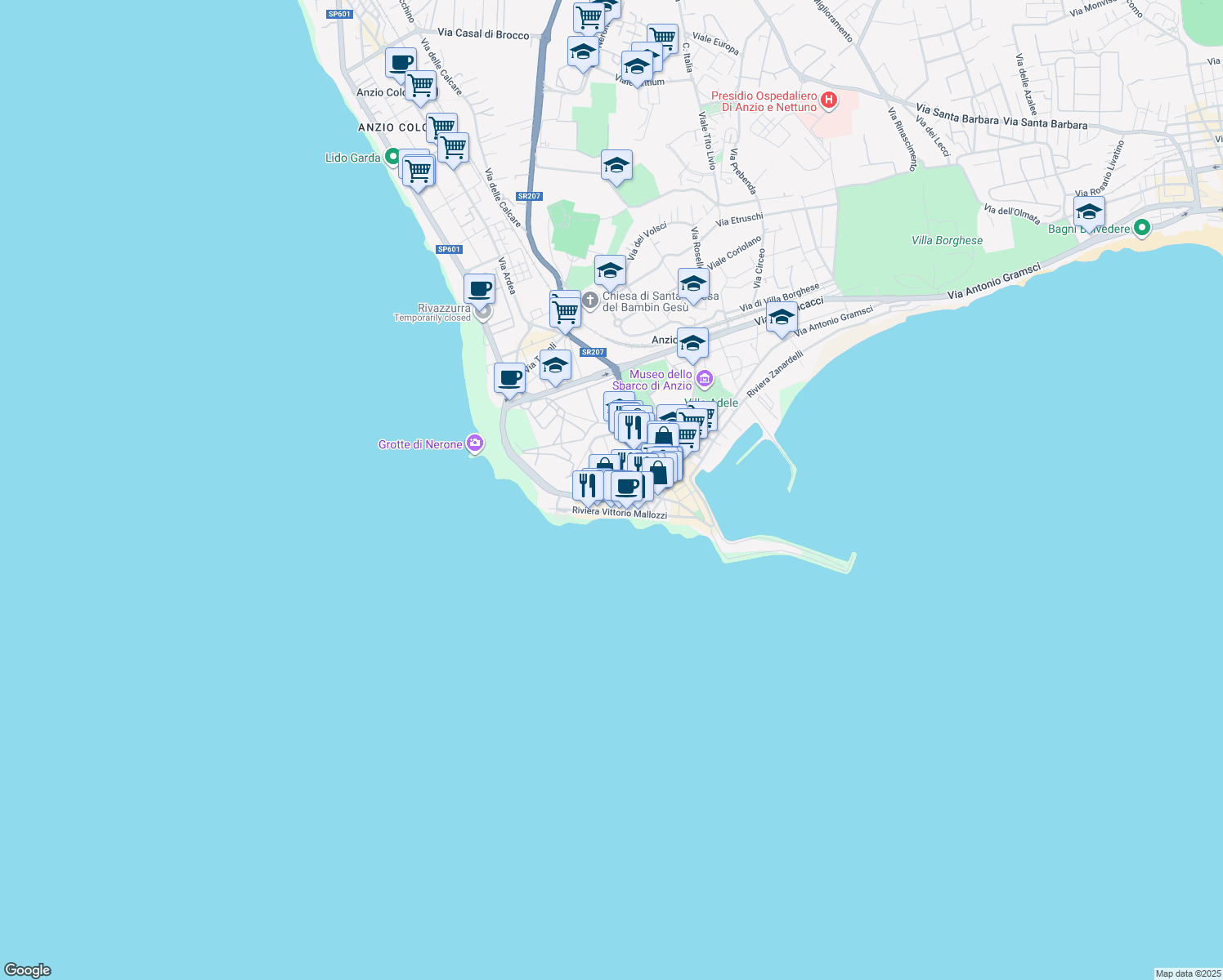 map of restaurants, bars, coffee shops, grocery stores, and more near 2A Via del Risorgimento in Anzio