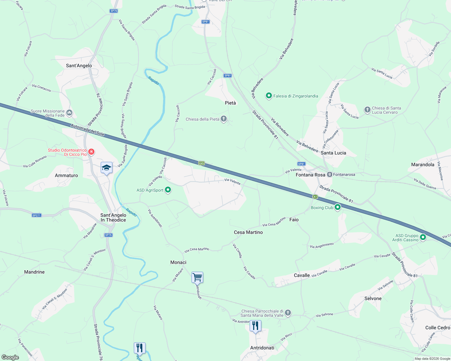 map of restaurants, bars, coffee shops, grocery stores, and more near 35 Via Valente in Provincia di Frosinone