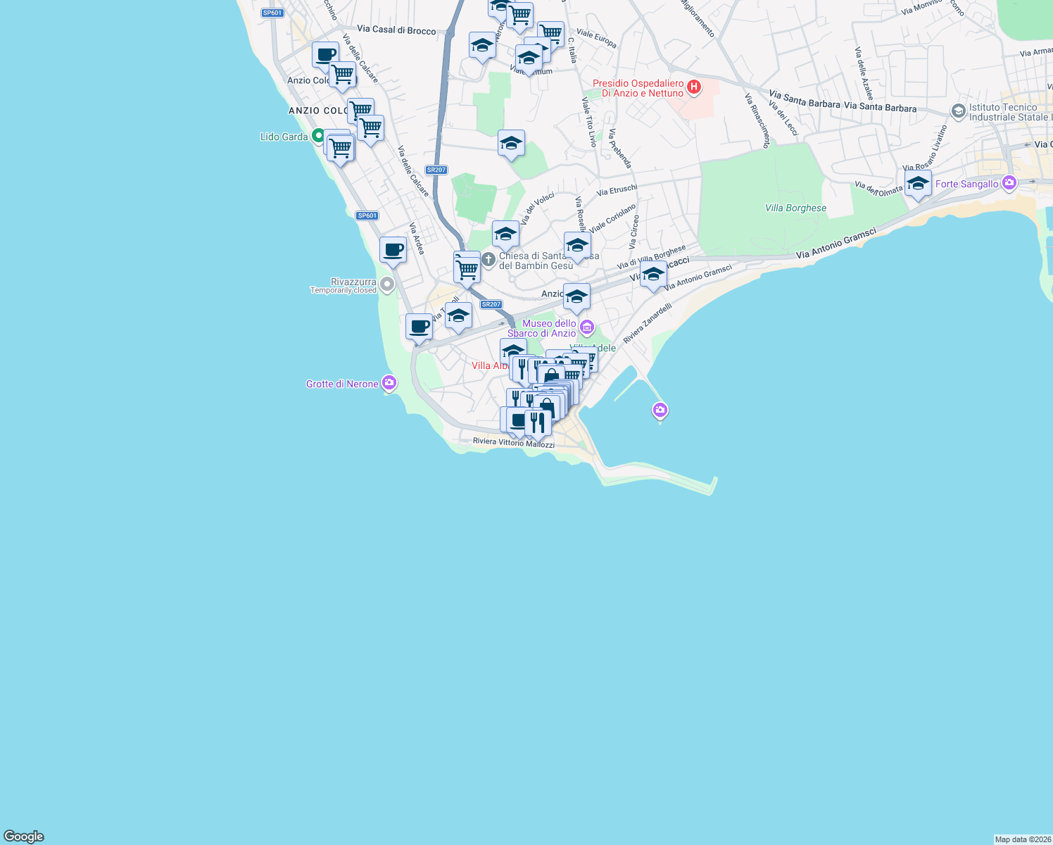 map of restaurants, bars, coffee shops, grocery stores, and more near 10 Via del Faro in Anzio