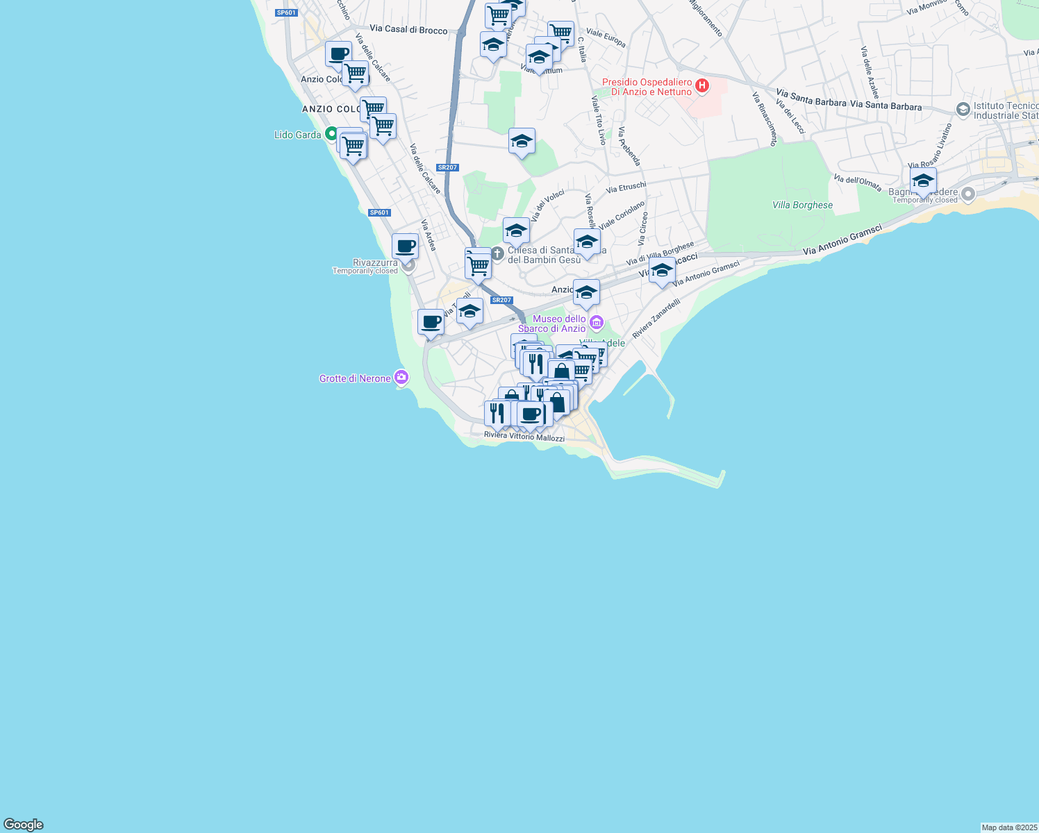 map of restaurants, bars, coffee shops, grocery stores, and more near 2A Via del Risorgimento in Anzio