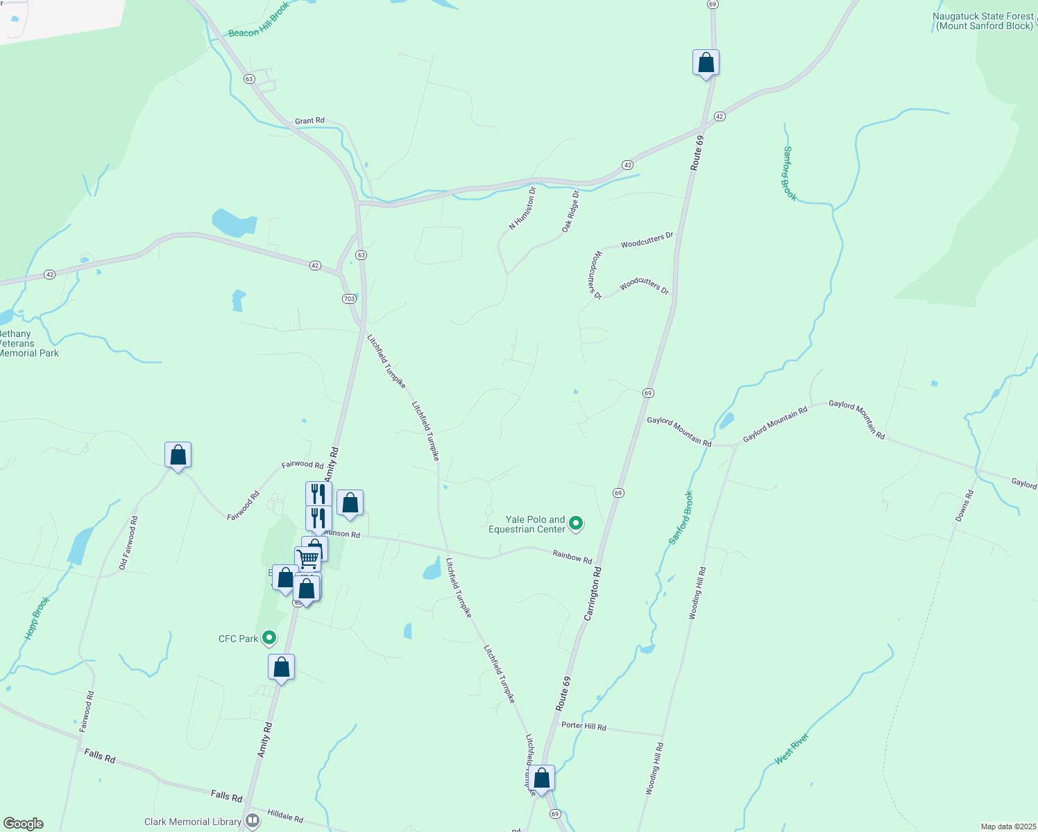 map of restaurants, bars, coffee shops, grocery stores, and more near 125 Humiston Drive in Bethany