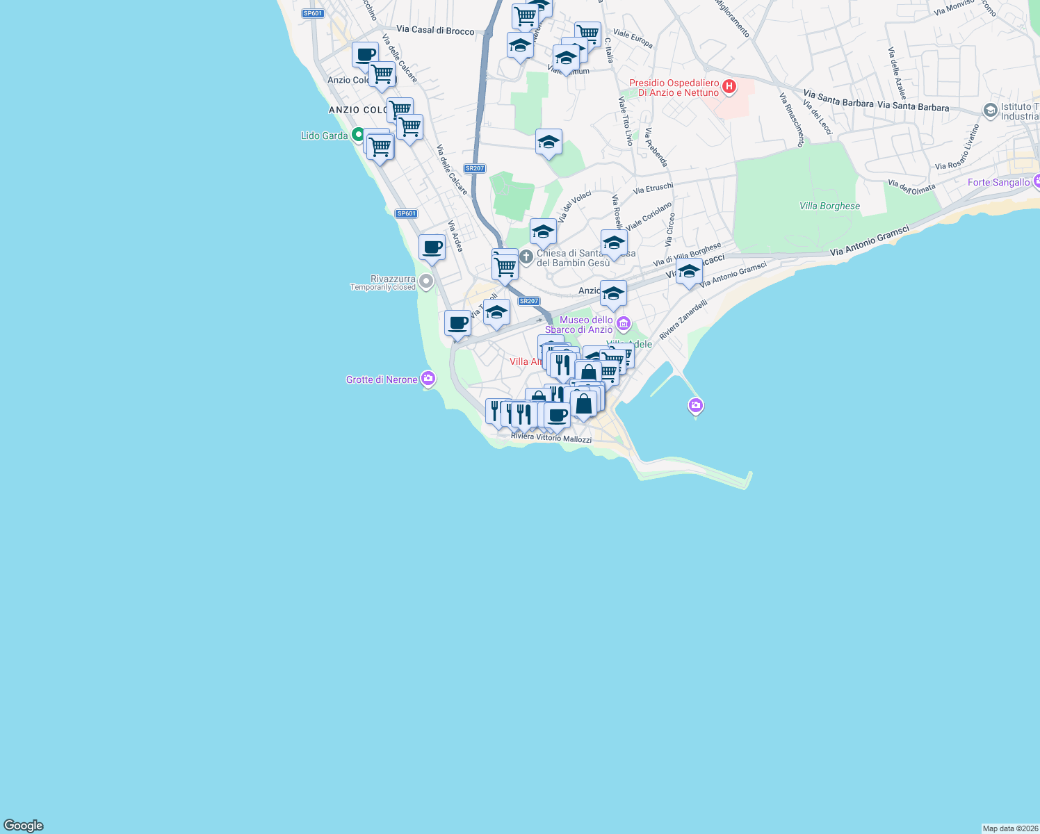 map of restaurants, bars, coffee shops, grocery stores, and more near 18 Via Luigi Mazza in Anzio