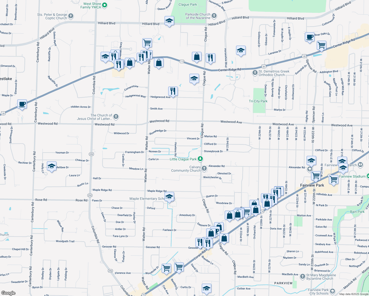 map of restaurants, bars, coffee shops, grocery stores, and more near 23947 Lebern Dr in North Olmsted