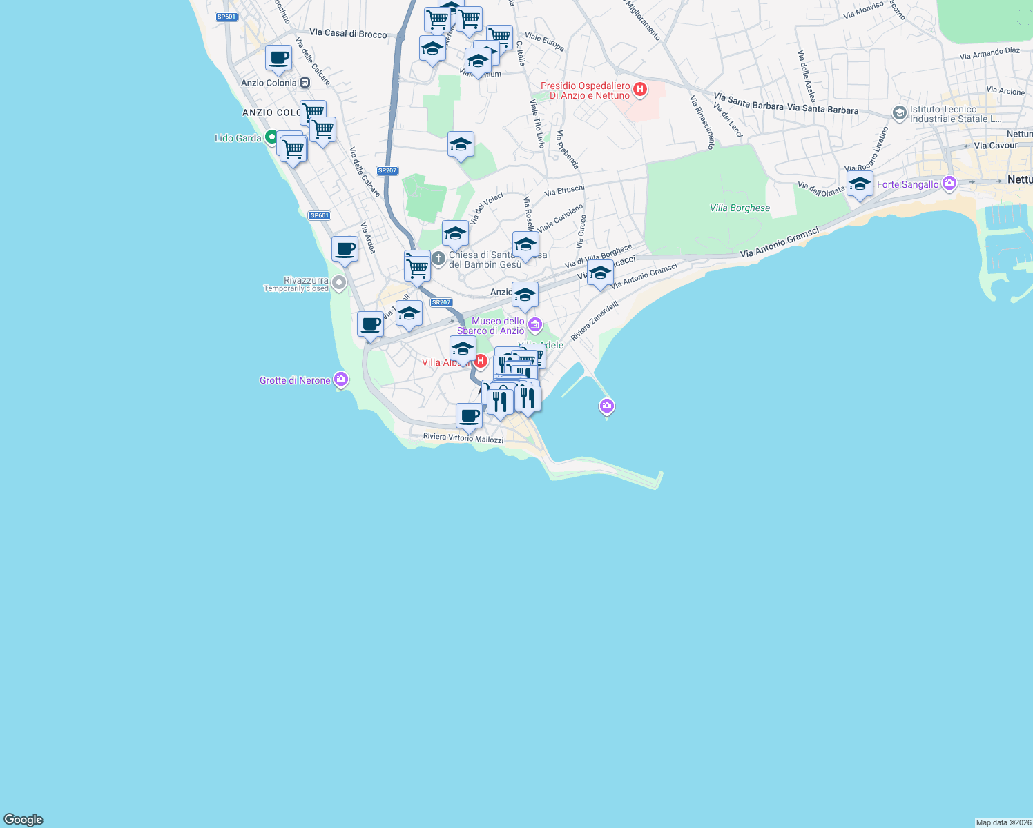 map of restaurants, bars, coffee shops, grocery stores, and more near 21 Via 20 Settembre in Anzio