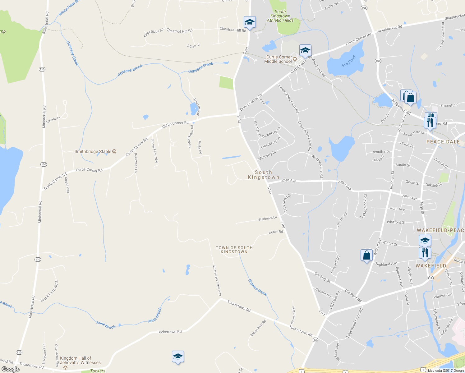 map of restaurants, bars, coffee shops, grocery stores, and more near 30 Fox Ridge Circle in South Kingstown