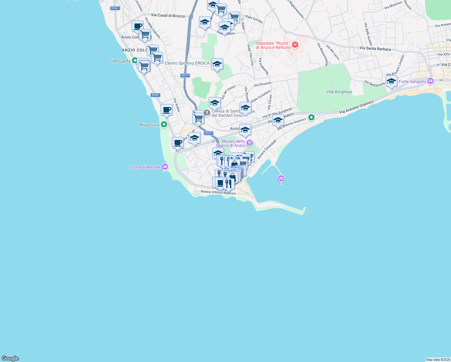 map of restaurants, bars, coffee shops, grocery stores, and more near 9 Piazza Pollastrini in Anzio