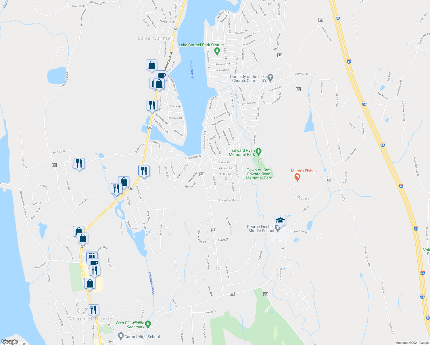 map of restaurants, bars, coffee shops, grocery stores, and more near 22 Union Road in Carmel Hamlet